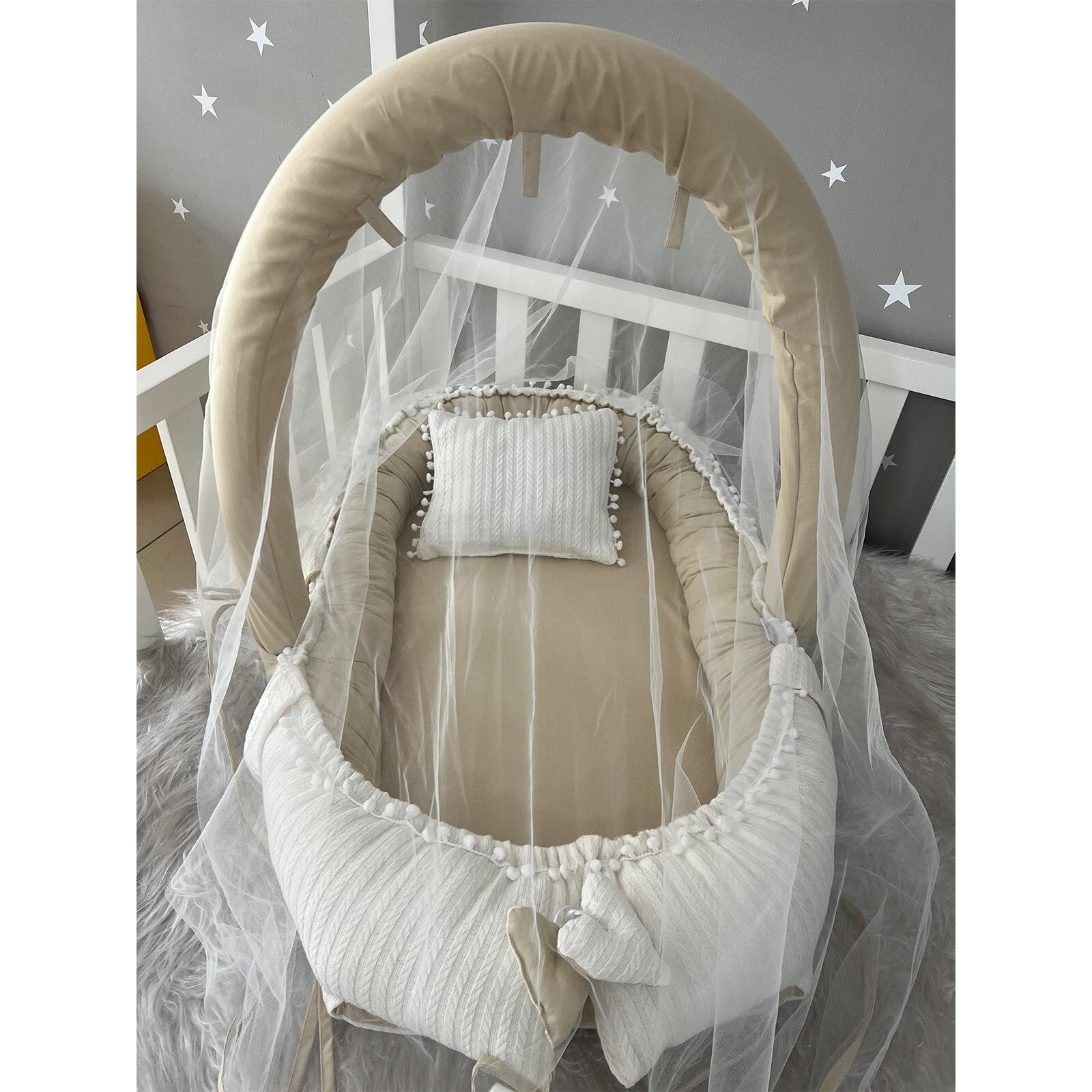 Krem Örgü Kapiçino Cibinlik Tüllü Babynest - Konforlu ve Güvenli Bebek Yatağı 