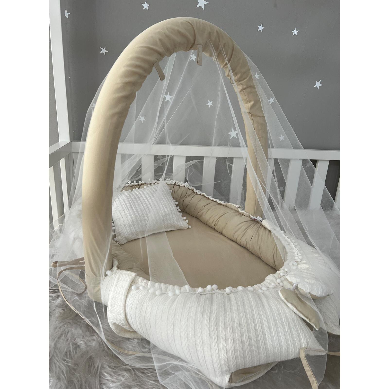 Krem Örgü Kapiçino Cibinlik Tüllü Babynest - Konforlu ve Güvenli Bebek Yatağı 