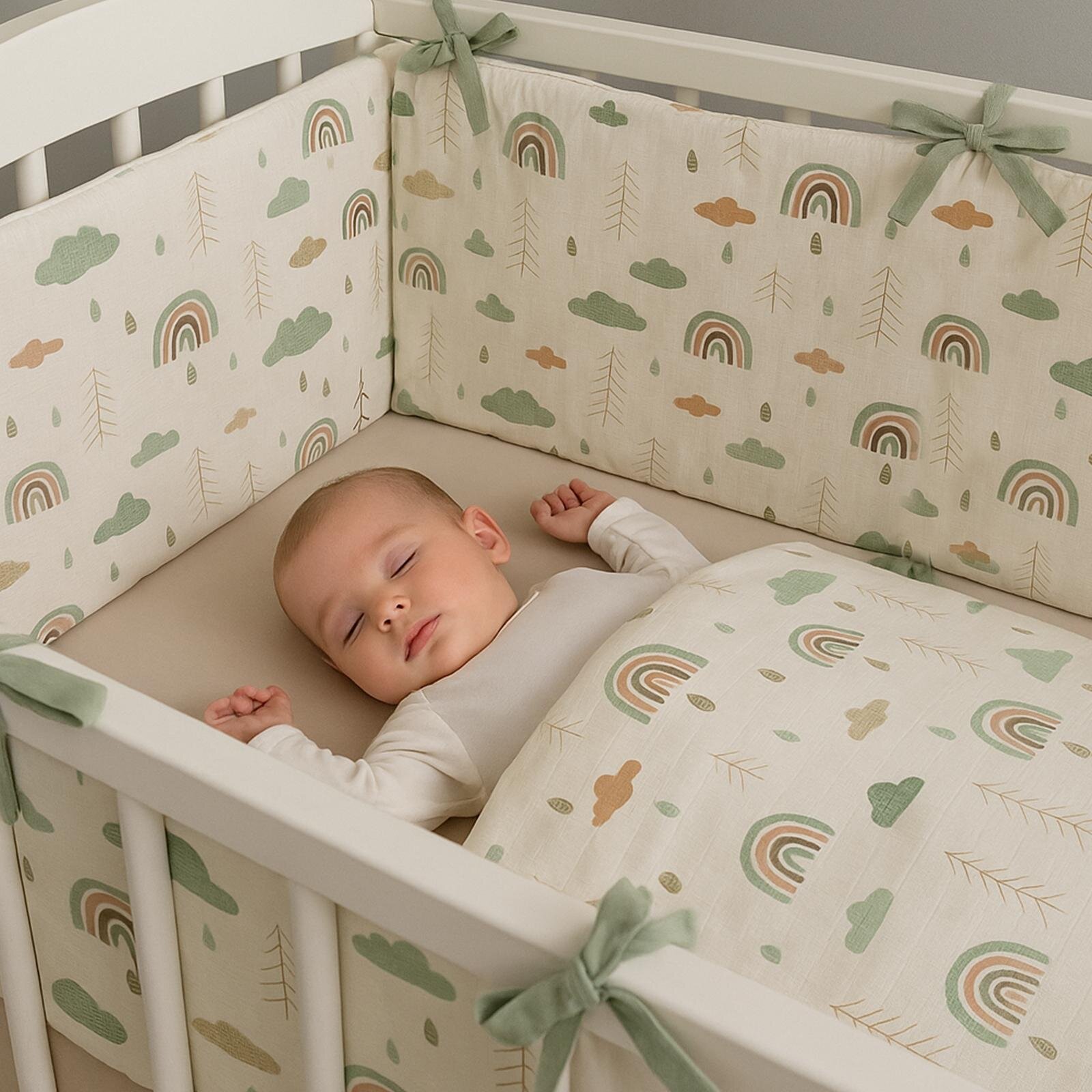 Yeşil Bulut Desenli Bebek Nevresim Takımı ve Kenar Koruma 7 Parça Premium Set