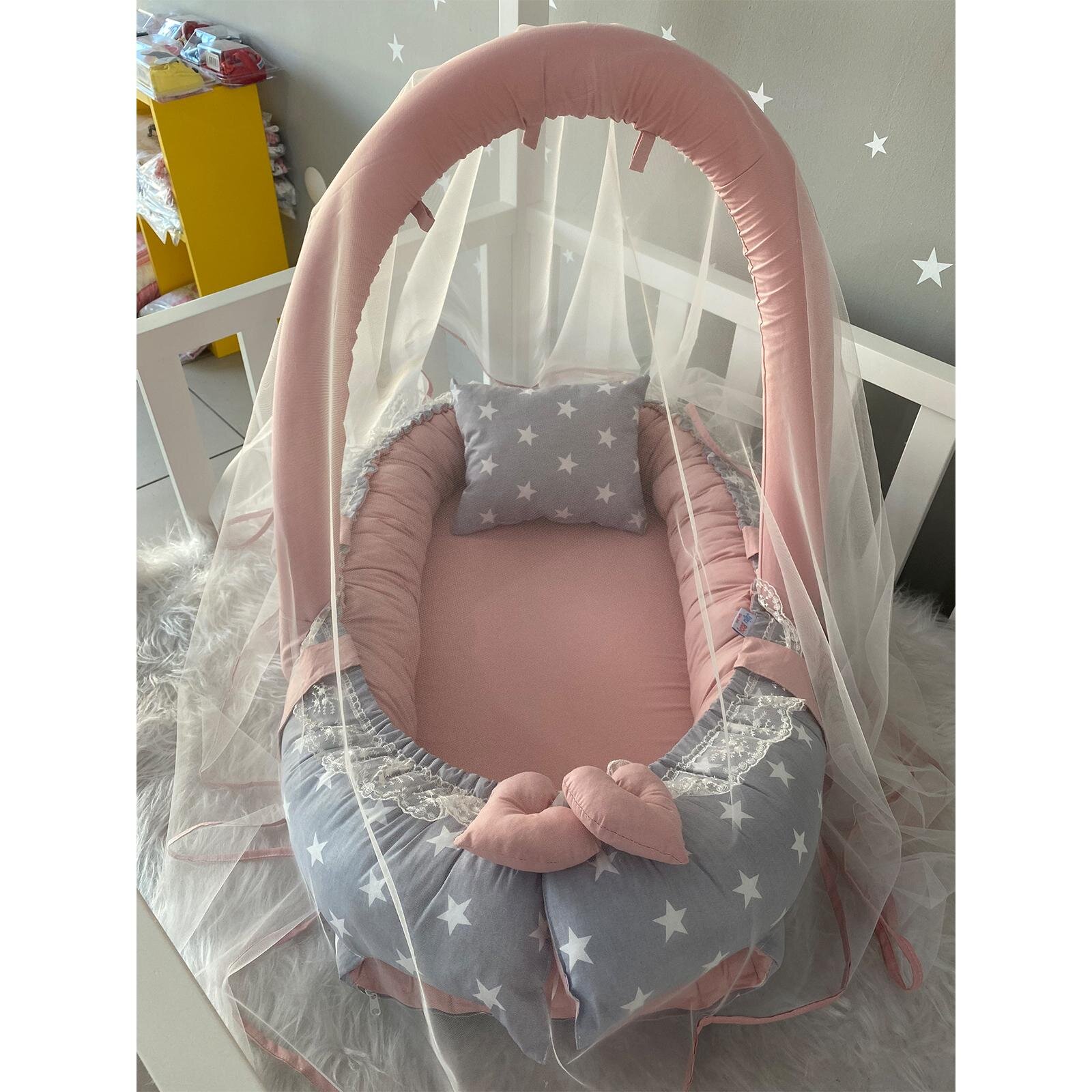 Gri Yıldız Pudra Cibinlik Tüllü Babynest Premium Anne Yanı Bebek Yatağı