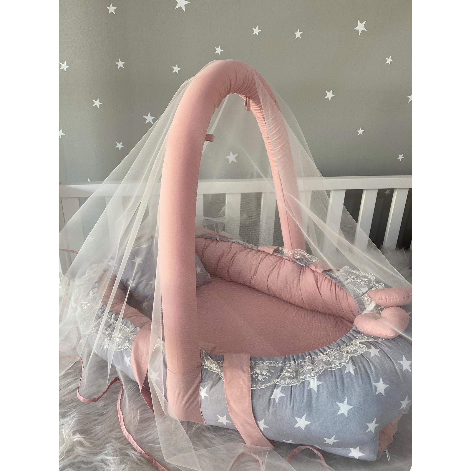 Gri Yıldız Pudra Cibinlik Tüllü Babynest Premium Anne Yanı Bebek Yatağı