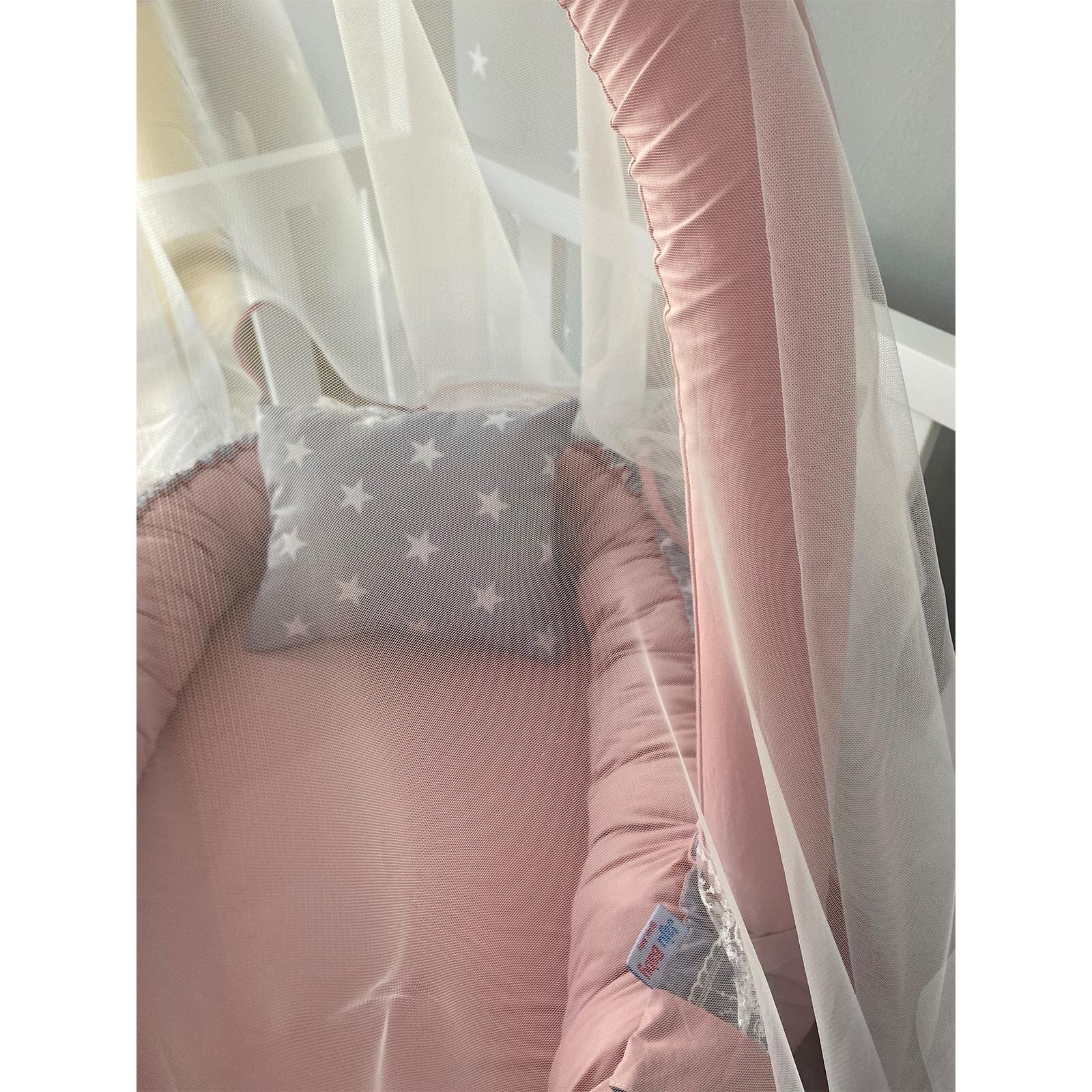 Gri Yıldız Pudra Cibinlik Tüllü Babynest Premium Anne Yanı Bebek Yatağı