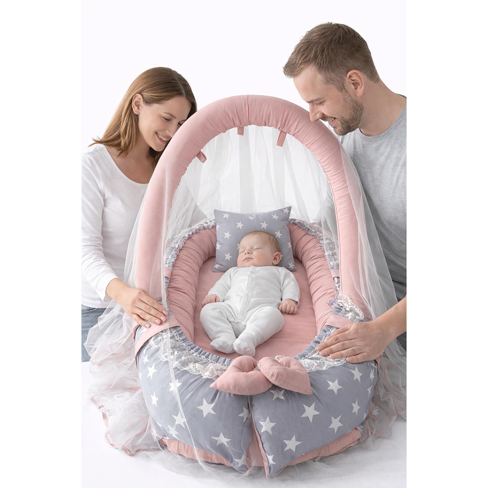 Gri Yıldız Pudra Cibinlik Tüllü Babynest Premium Anne Yanı Bebek Yatağı Gri Yıldız Pudra Cibinlik Tüllü Babynest Premium Anne Yanı Bebek Yatağı