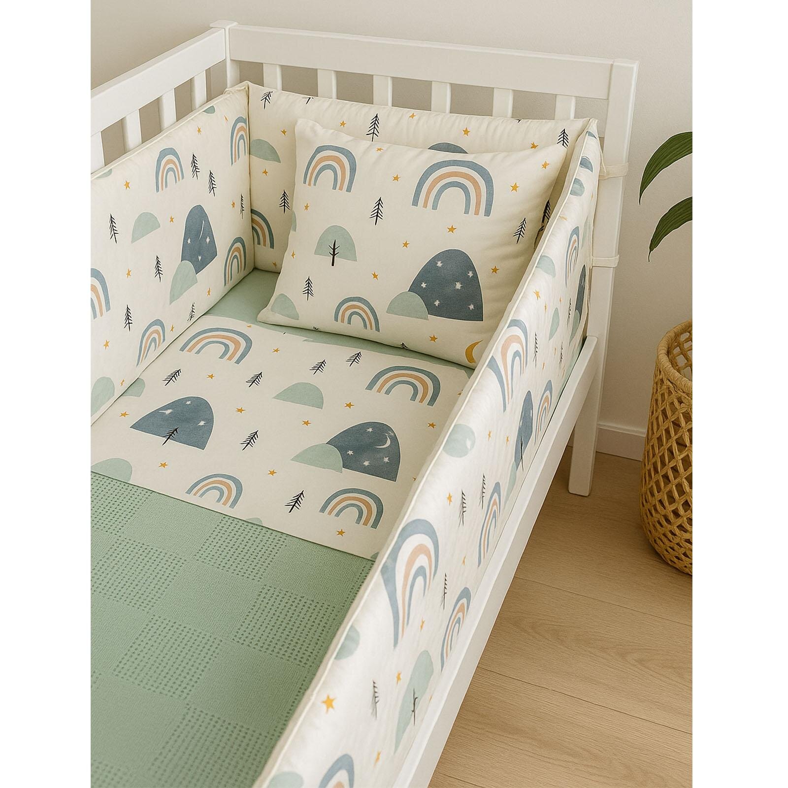 Yeşil Pike Kumaş Nevresim Takımı ve Kenar Koruma 7 Parça Gökkuşağı Desenli Bebek Uyku Seti Yeşil Pike Kumaş Nevresim Takımı ve Kenar Koruma 7 Parça Gökkuşağı Desenli Bebek Uyku Seti