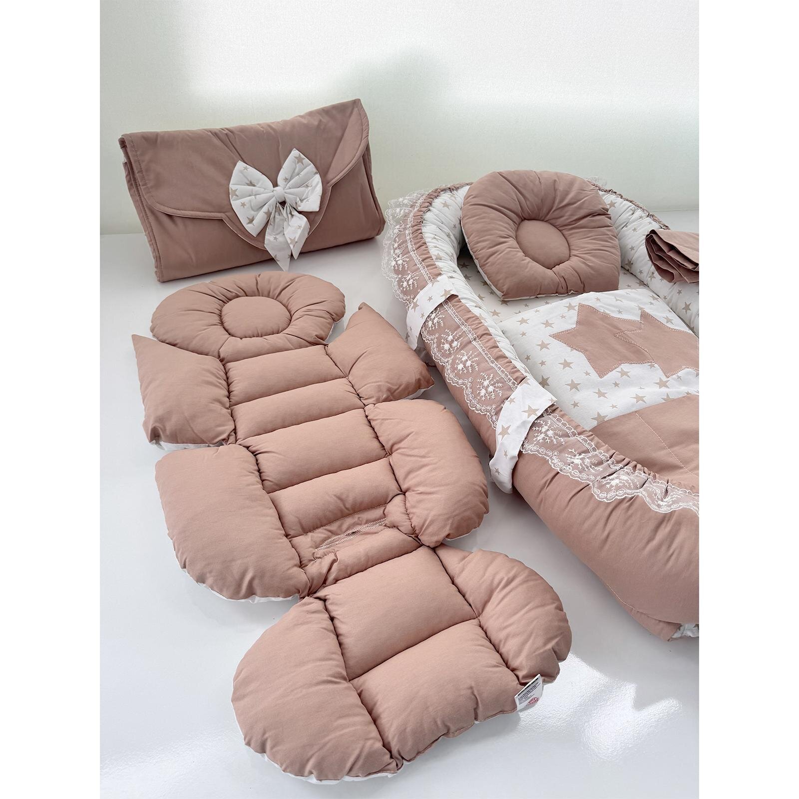 6 Parça Premium Bebek Uyku Seti | Babynest + Araba Minderi + Emzirme Önlüğü + Battaniye + Altaçma