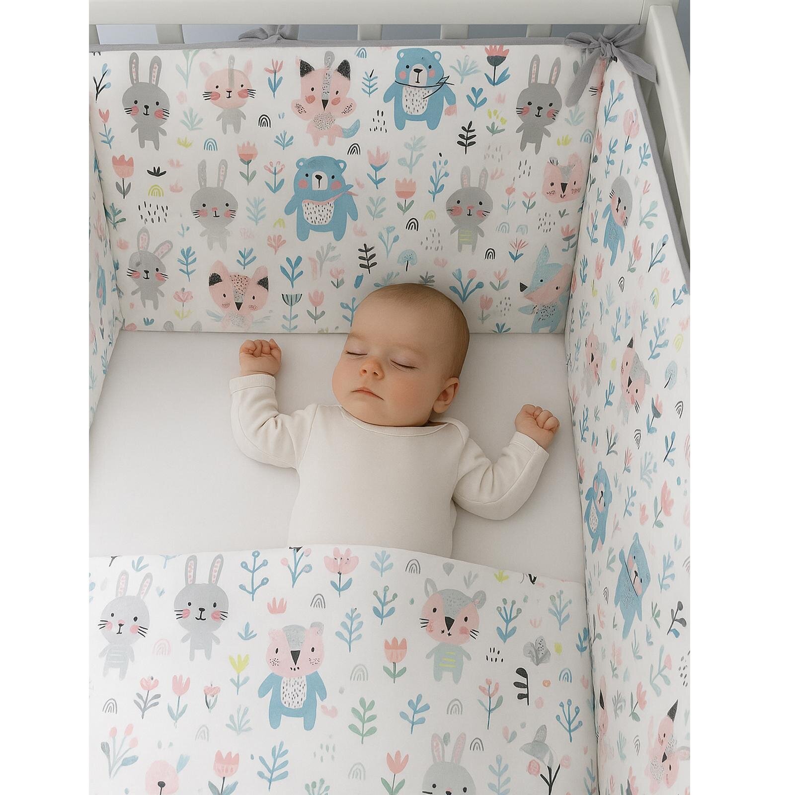 Gri Tavşan (4 Kenar) Beşik Kenar Koruyucu %100 Pamuk Kumaş