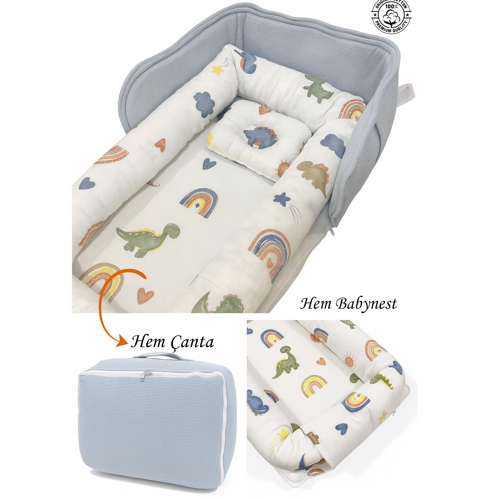 Mavi Waffle Dinozor Taşınabilir Çantalı Babynest - Konforlu ve Güvenli Bebek Yatağı 