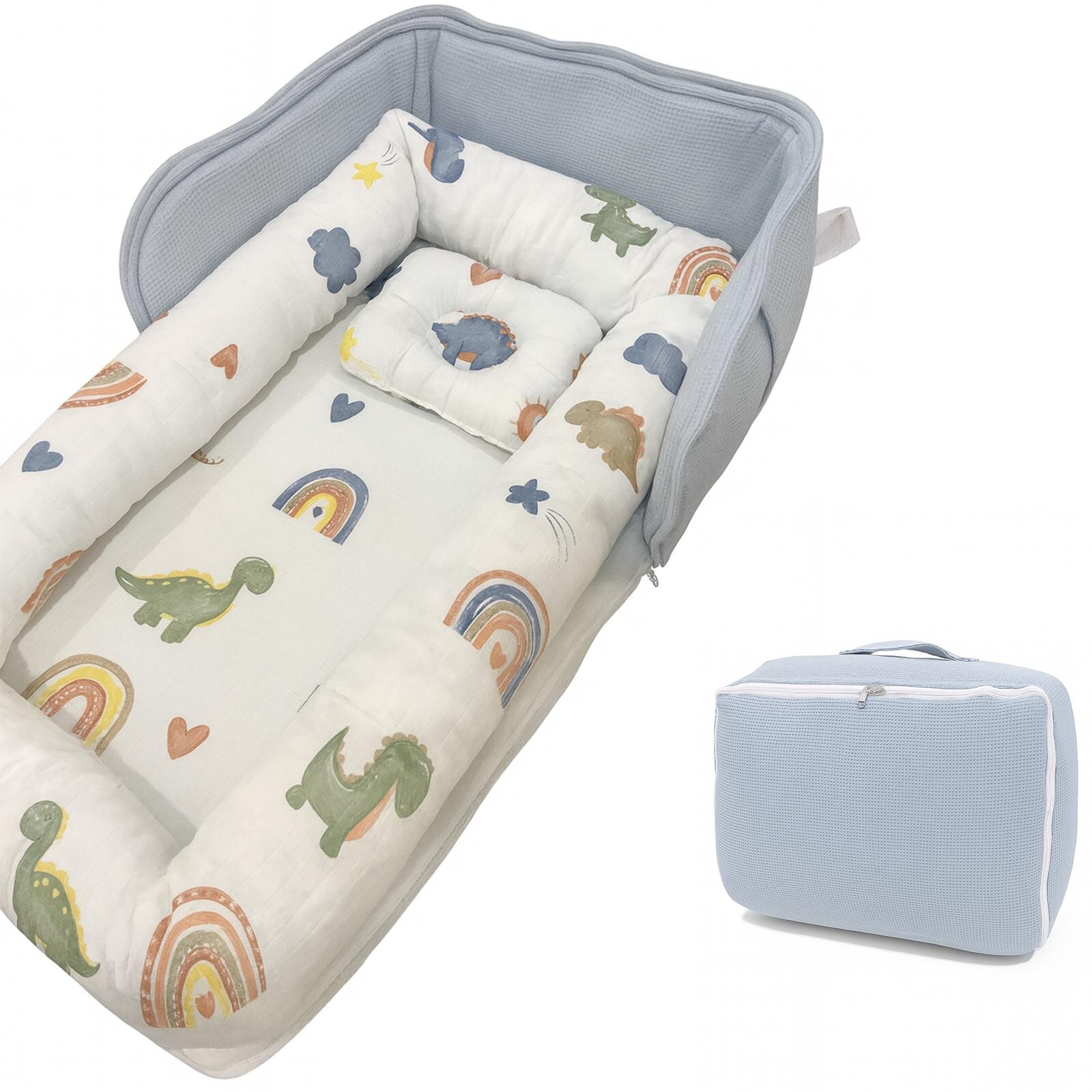 Mavi Waffle Dinozor Taşınabilir Çantalı Babynest - Konforlu ve Güvenli Bebek Yatağı 