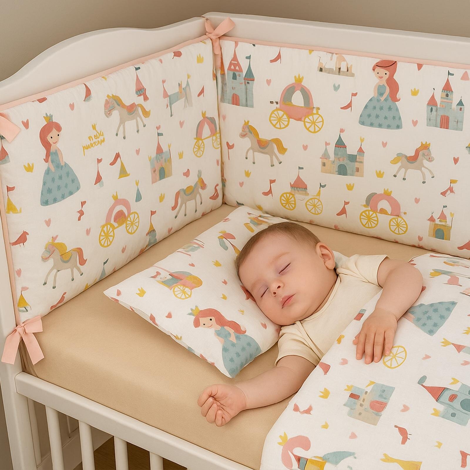 Prenses Müslin - Somon Renk Bebek Nevresim Takımı ve Kenar Koruma Premium 7 Parça