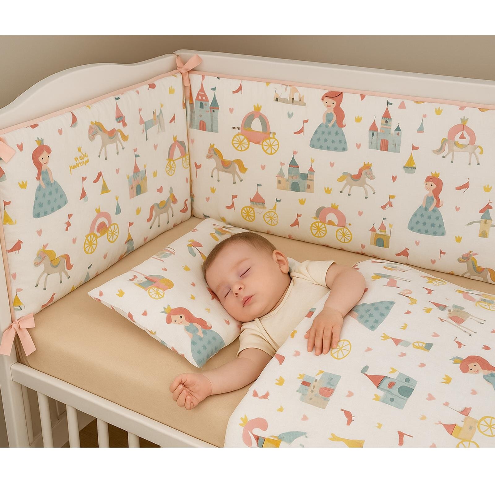 Prenses Müslin - Somon Renk Bebek Nevresim Takımı ve Kenar Koruma Premium 7 Parça