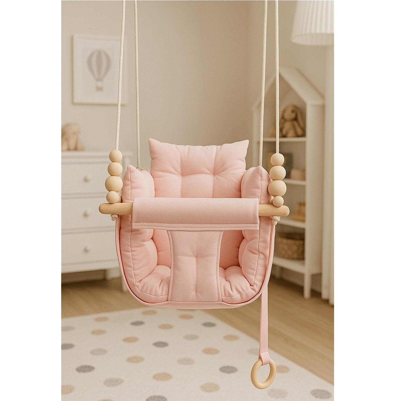 Toz Pembe Pofuduk Minderli Ahşap Detaylı Bebek - Çocuk Salıncağı