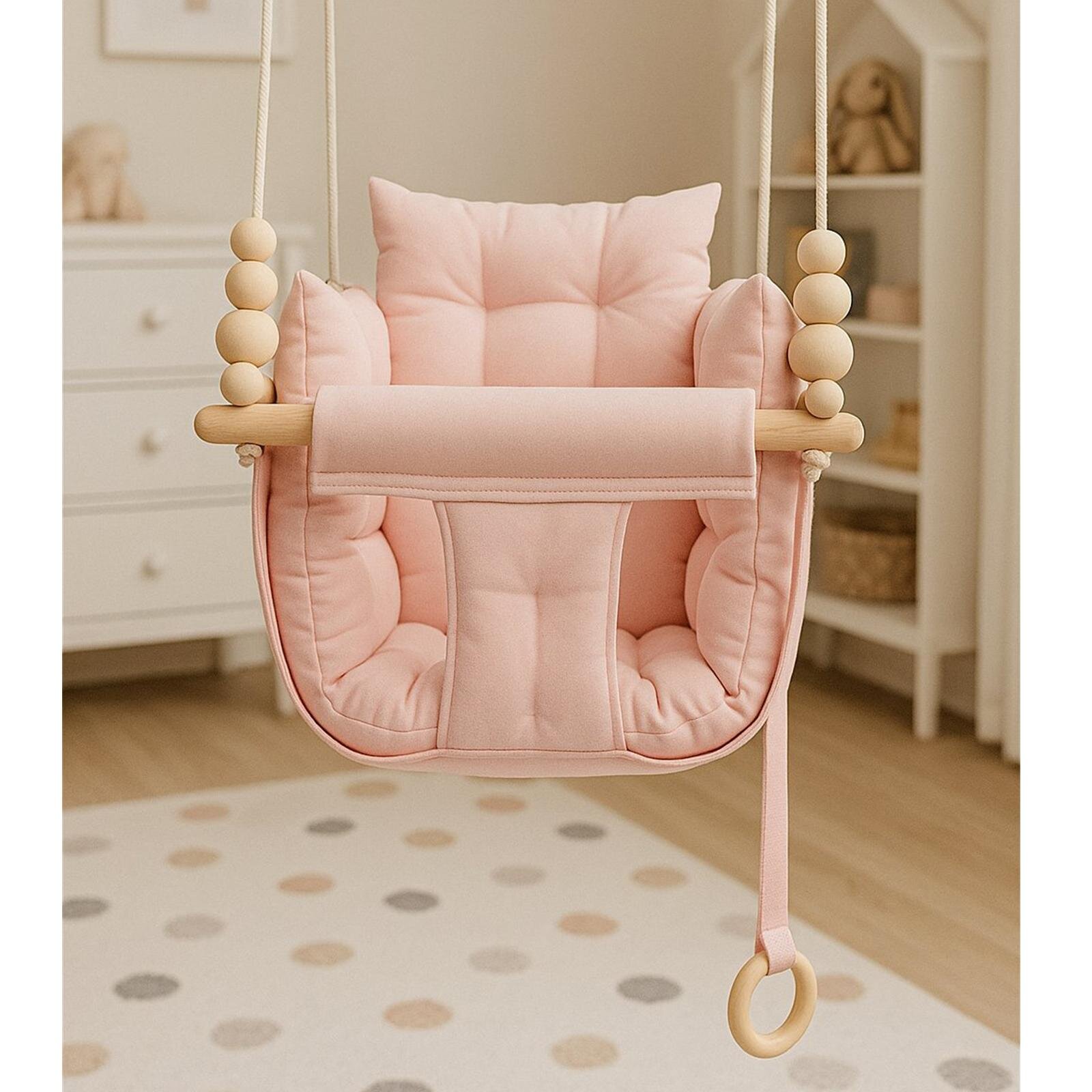 Toz Pembe Pofuduk Minderli Ahşap Detaylı Bebek - Çocuk Salıncağı