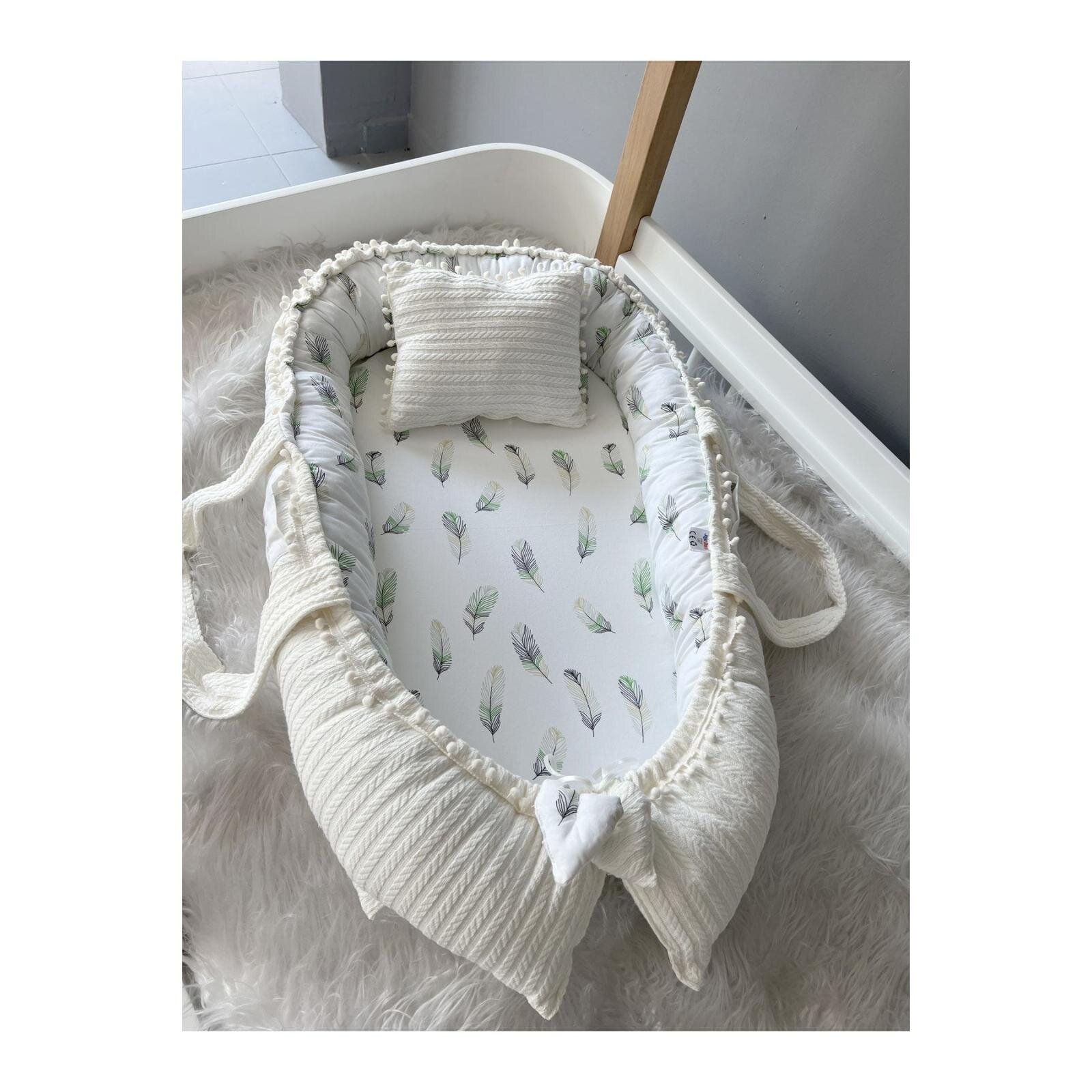 Organik Örgü Kumaş Lüks Babynest Anne Yanı Yatak, Tüy Desenli