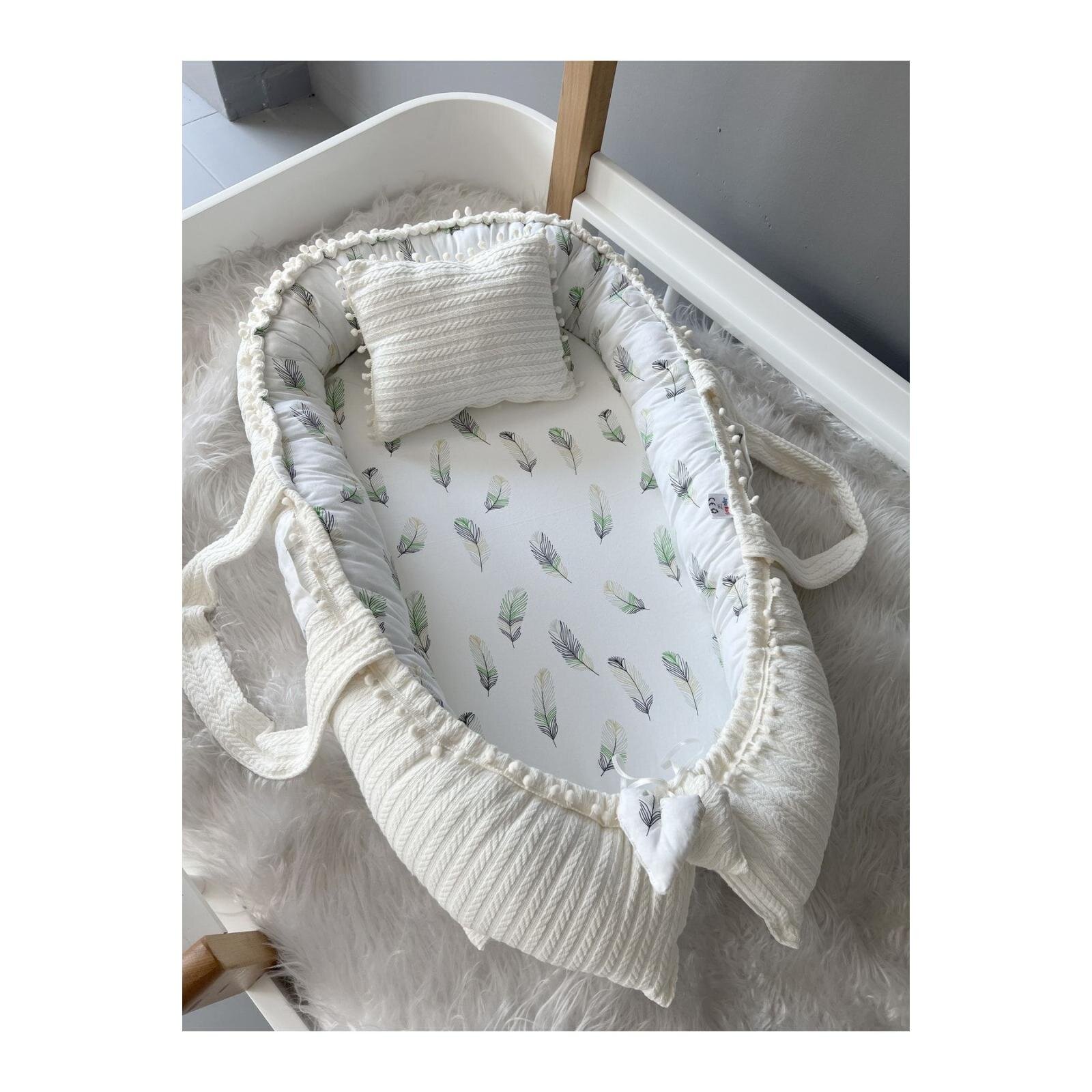 Organik Örgü Kumaş Lüks Babynest Anne Yanı Yatak, Tüy Desenli