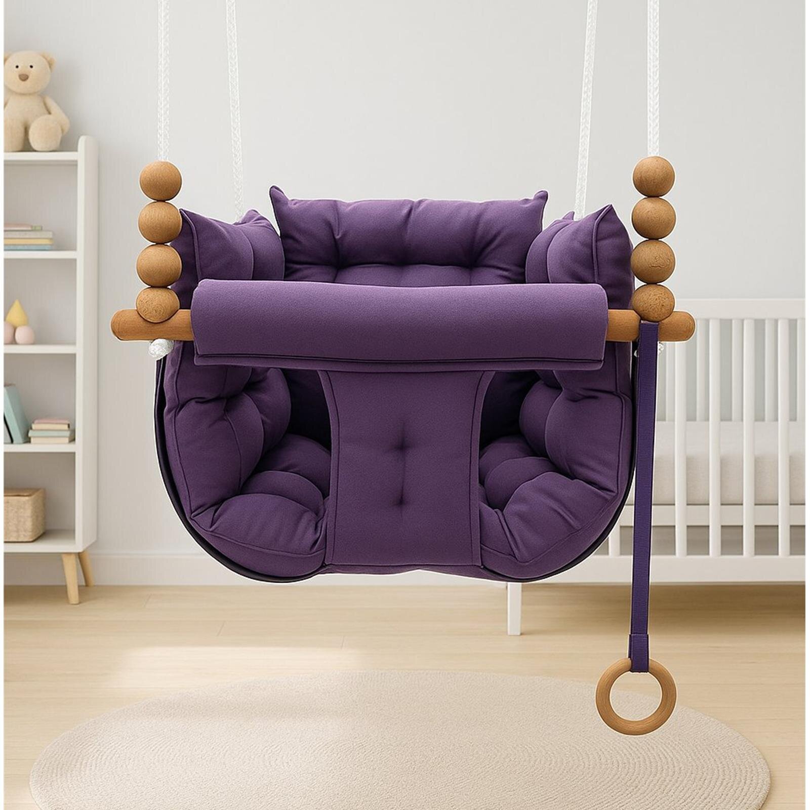 Mor Pofuduk Minderli Ahşap Detaylı Bebek - Çocuk Salıncağı