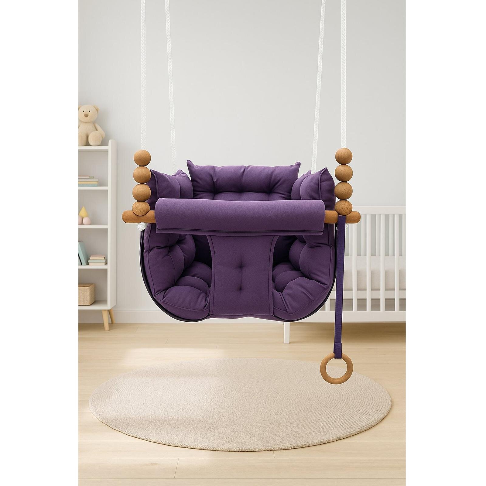 Mor Pofuduk Minderli Ahşap Detaylı Bebek - Çocuk Salıncağı