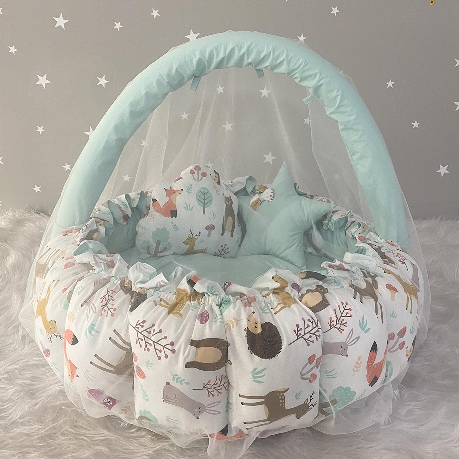 Premium Orman Desen Cibinlik Tüllü Oyun Minderi – Lüx Babynest