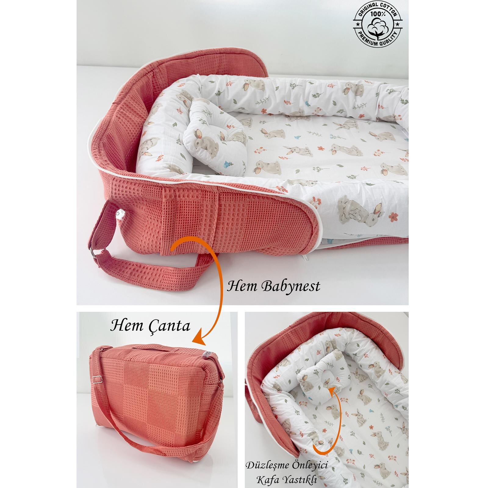 Tavşan Desen Kiremit Waffle Taşıma Çantalı Bebek Babynesti – Yumuşak ve Ergonomik Tasarım