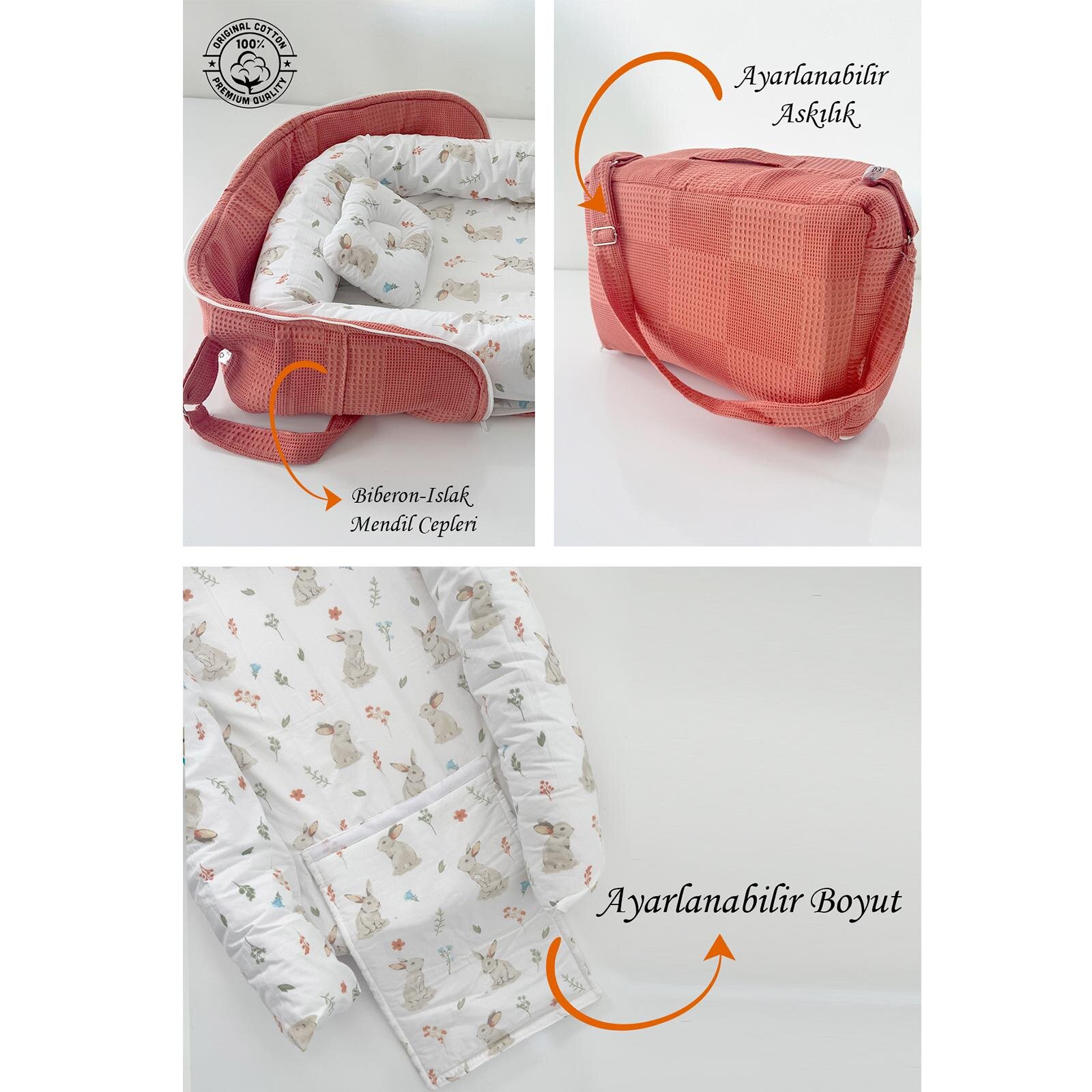 Tavşan Desen Kiremit Waffle Taşıma Çantalı Bebek Babynesti – Yumuşak ve Ergonomik Tasarım