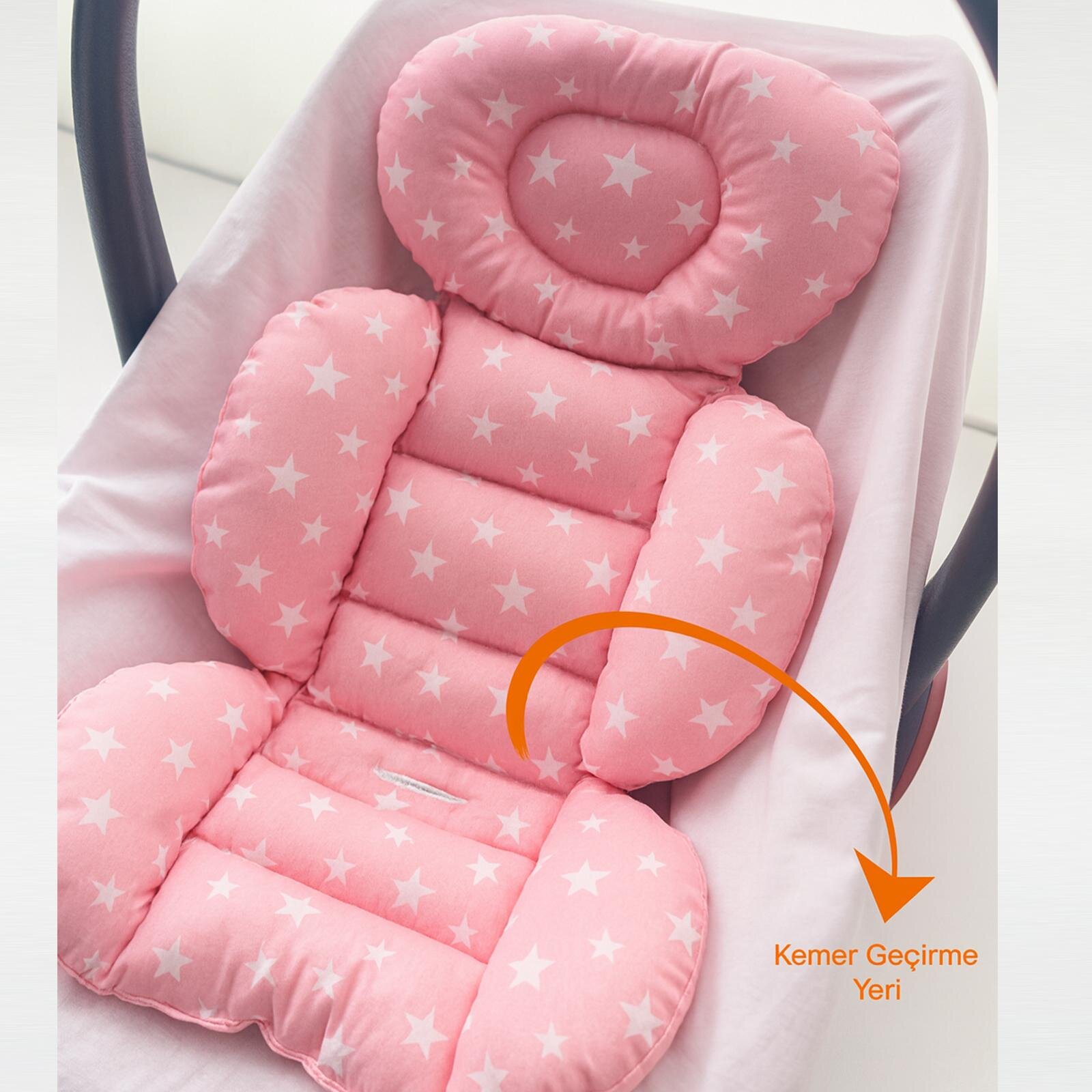 Pembe Yıldızlı Organik Pamuklu Kumaş Puset Minderi – 0-24 Ay Uyumlu