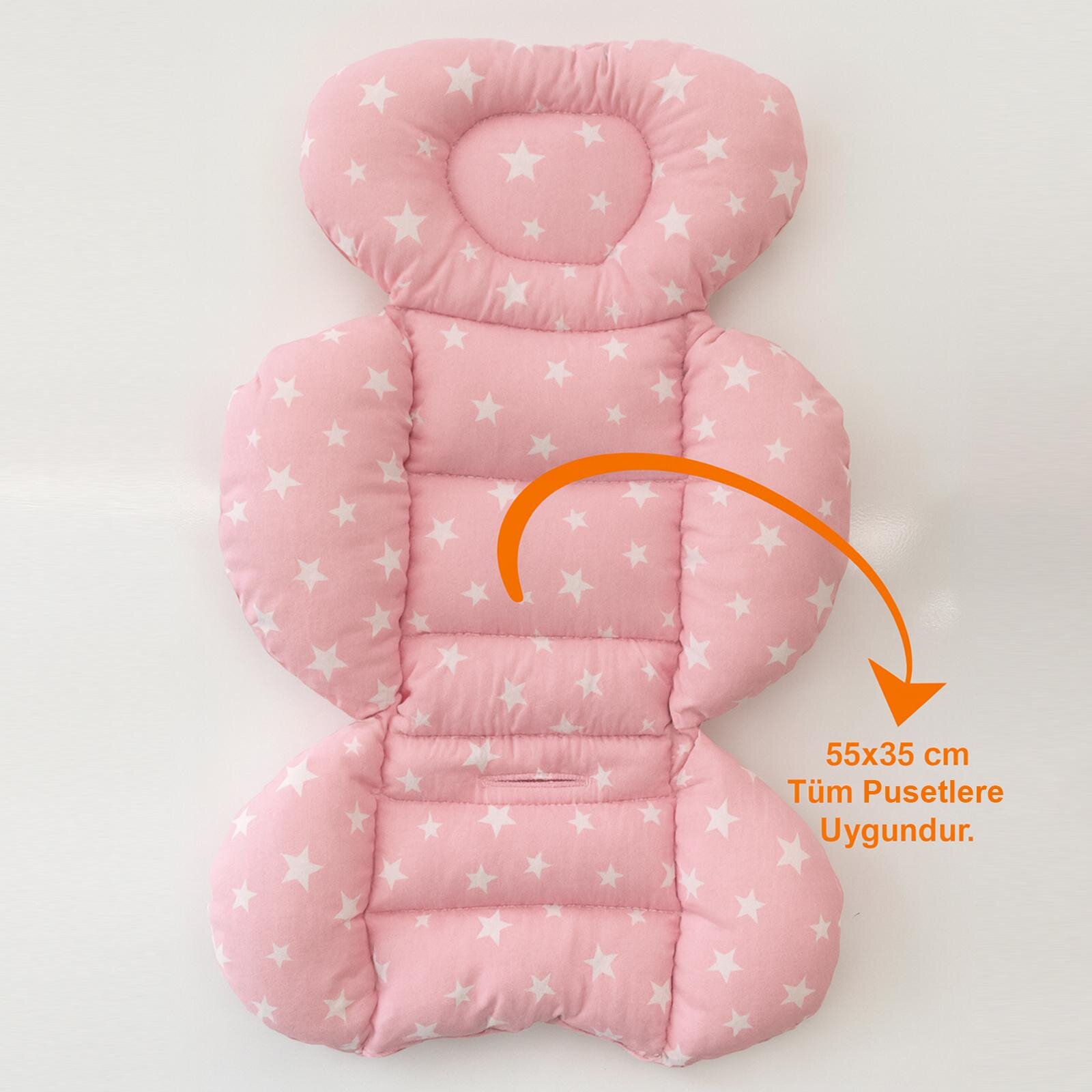 Pembe Yıldızlı Organik Pamuklu Kumaş Puset Minderi – 0-24 Ay Uyumlu