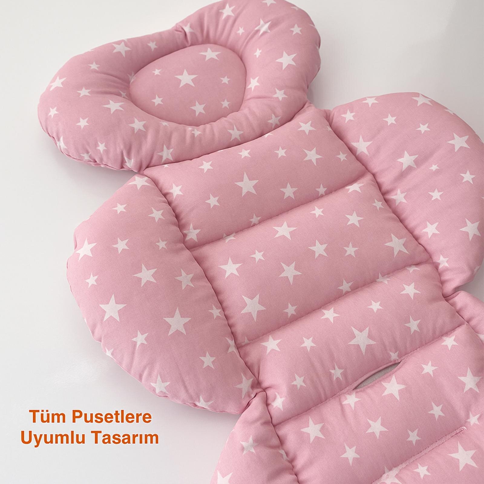 Pembe Yıldızlı Organik Pamuklu Kumaş Puset Minderi – 0-24 Ay Uyumlu