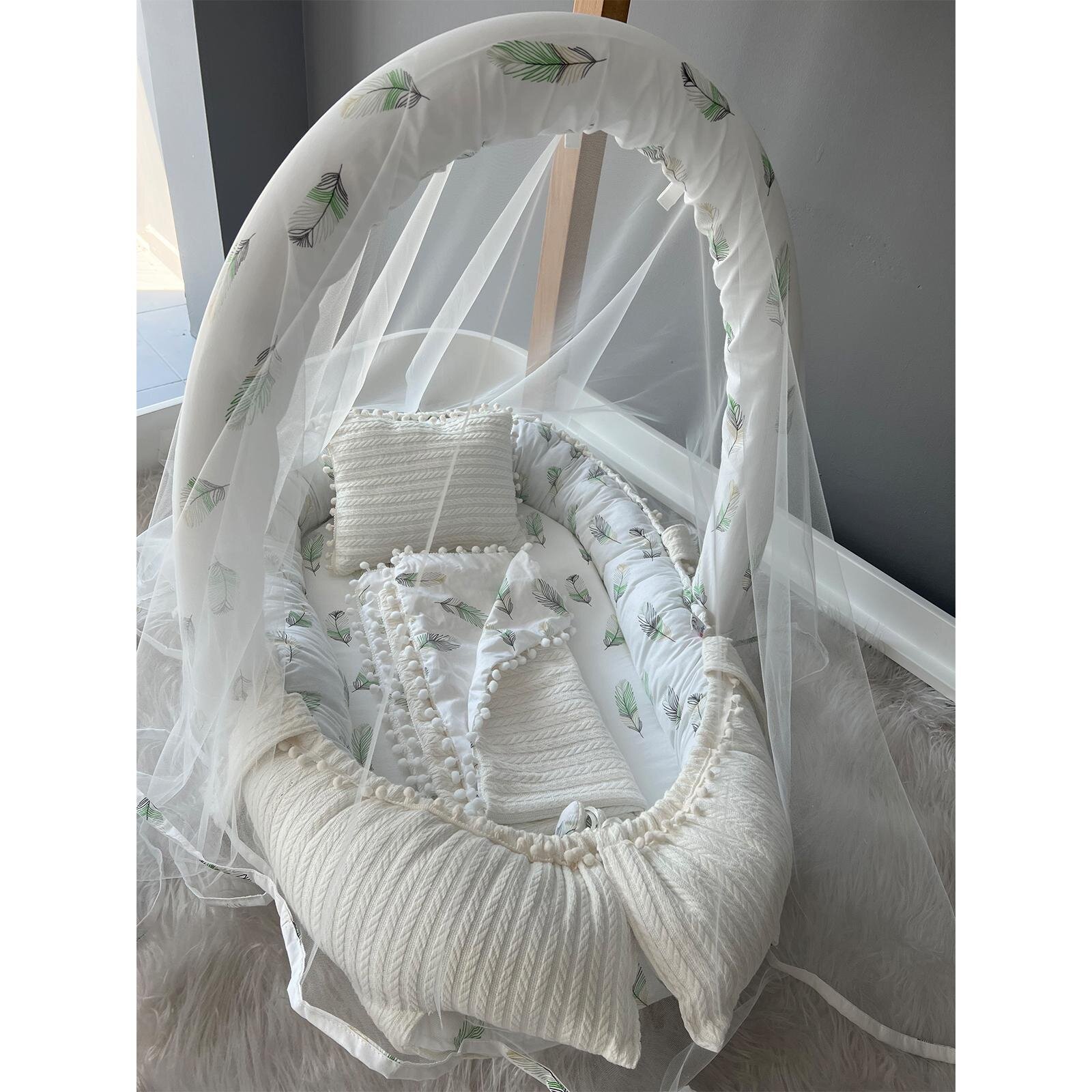 Yeşil Tüy Babynest – Tüllü, Pamuklu, Örgü Detaylı - Bebek Battaniyeli Set
