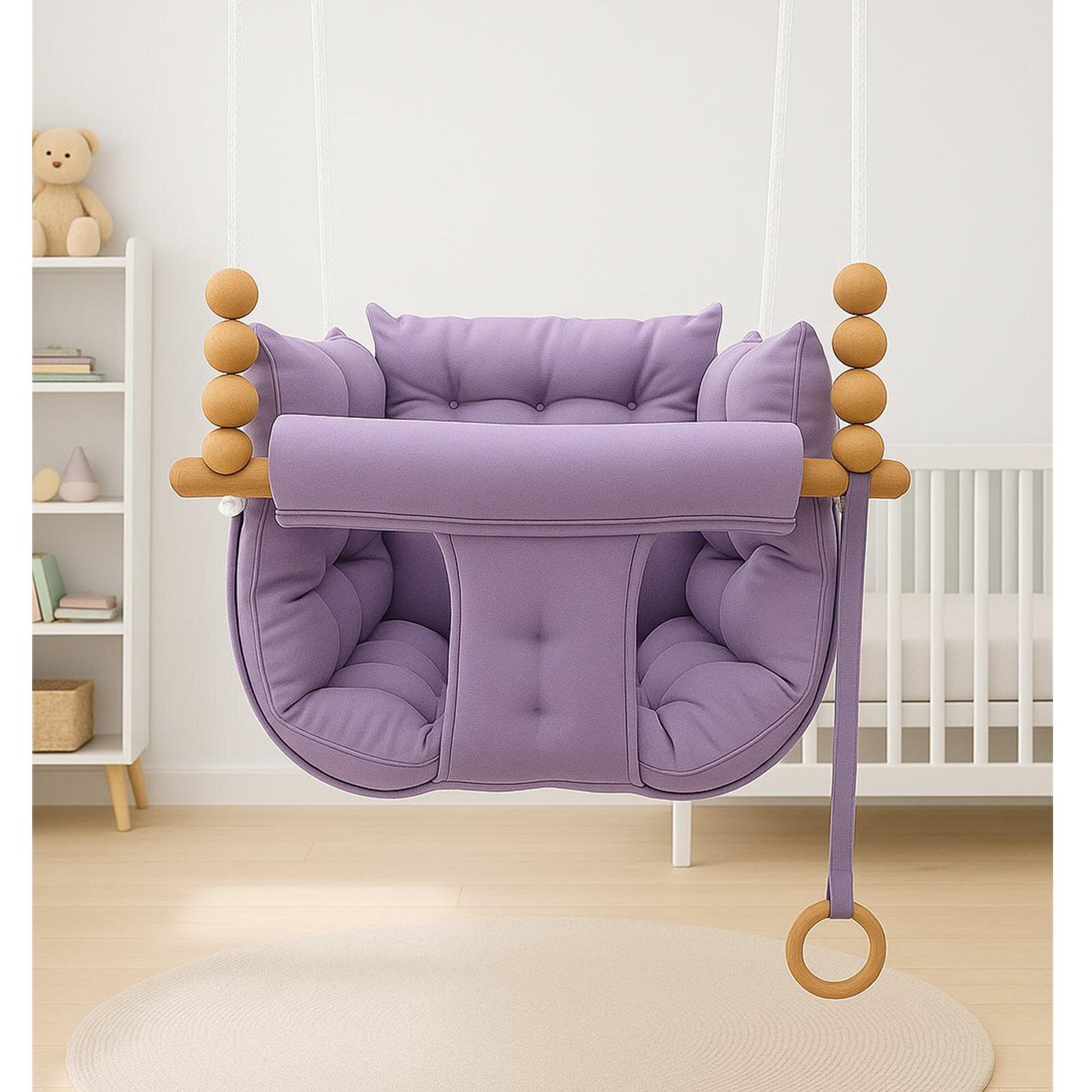 Lila Pofuduk Minderli Ahşap Detaylı Bebek - Çocuk Salıncağı