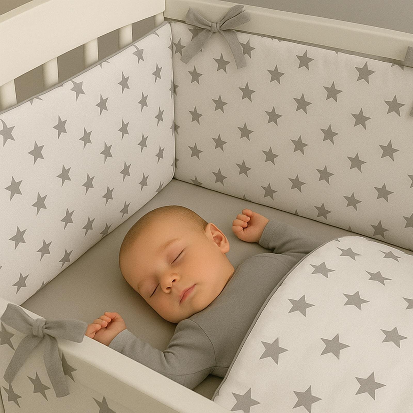 Gri Yıldızlı Bebek Uyku Seti - Nevresim Takımı ve Kenar Koruma 7 Parça Set
