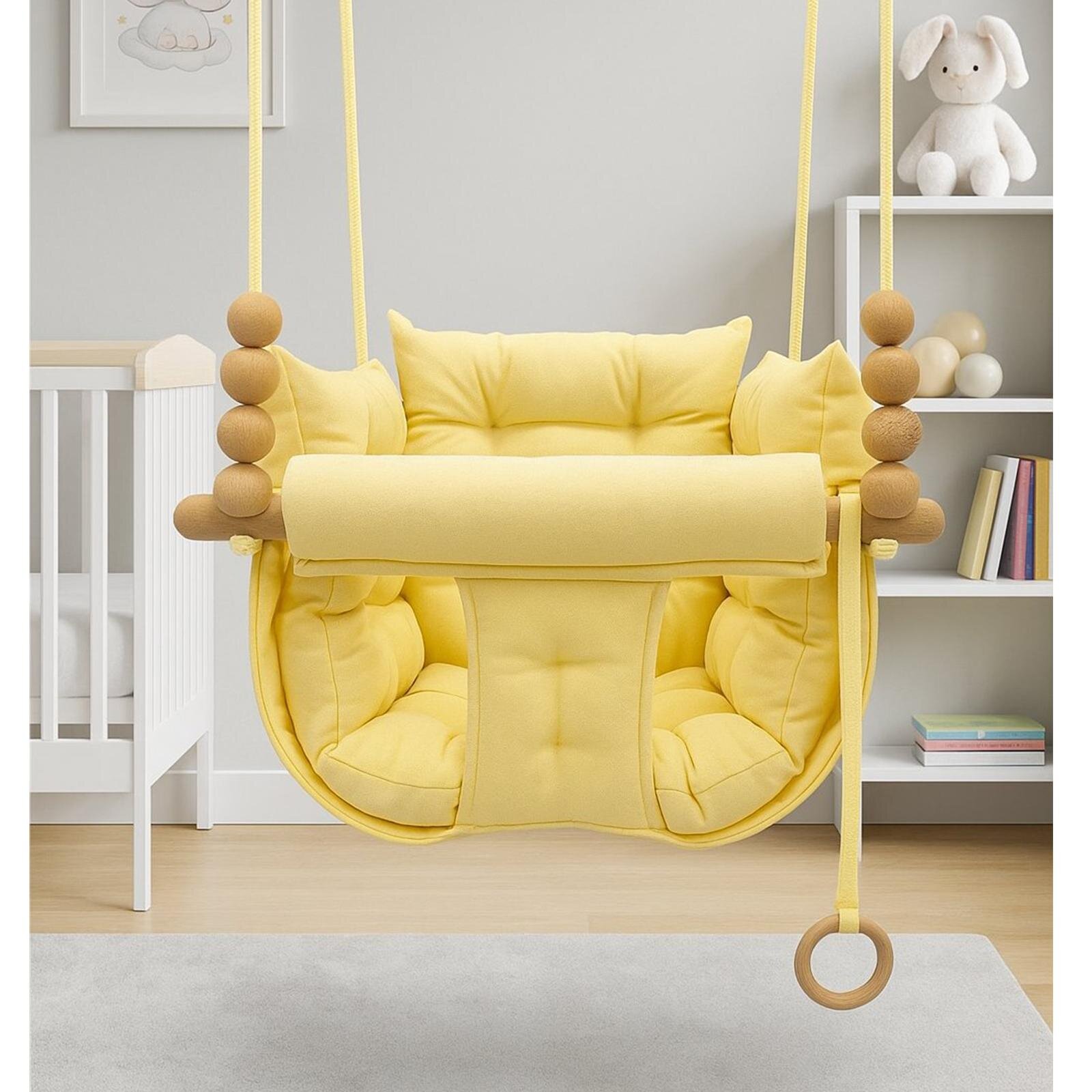 Sarı Pofuduk Minderli Ahşap Detaylı Bebek - Çocuk Salıncağı
