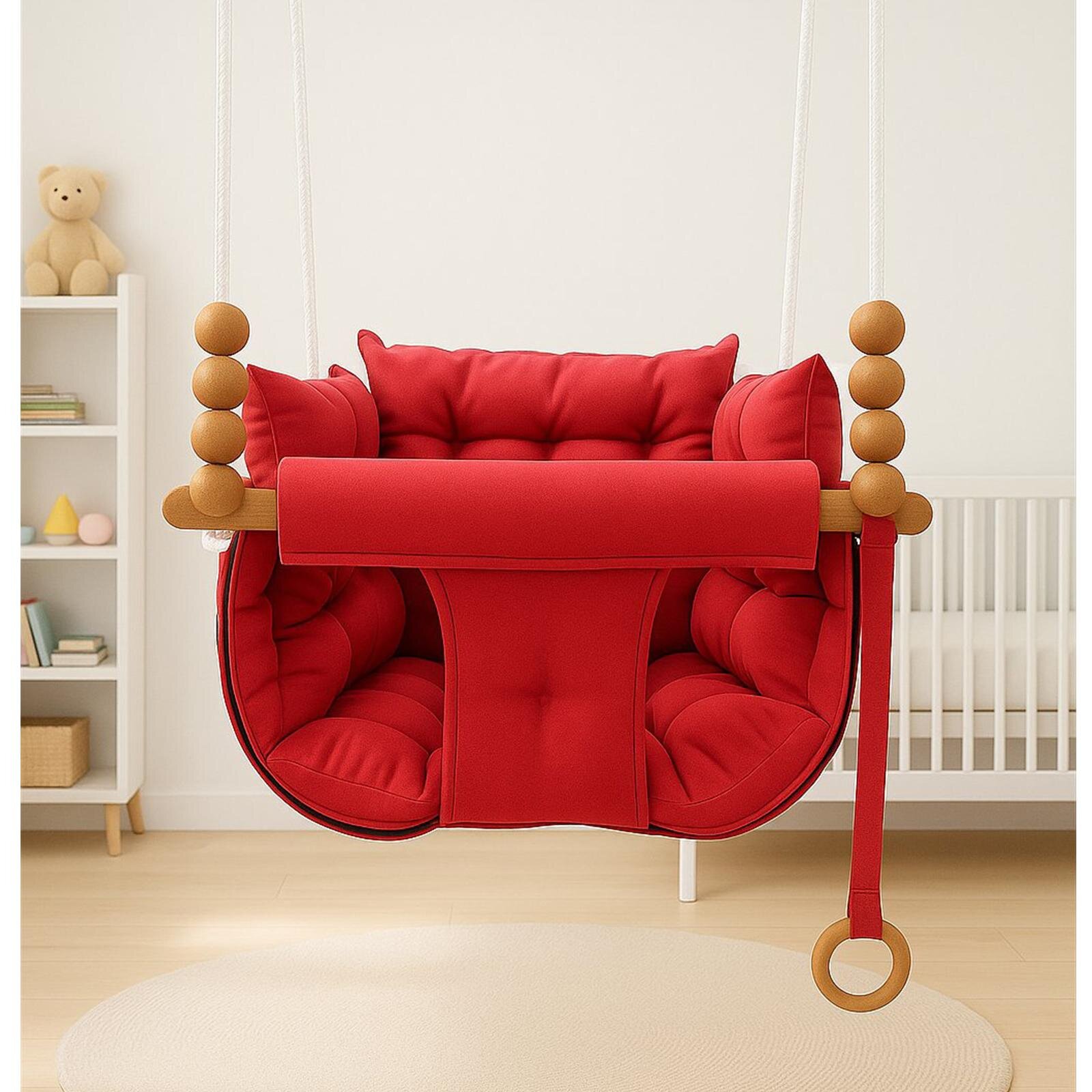 Kırmızı Pofuduk Minderli Ahşap Detaylı Bebek - Çocuk Salıncağı