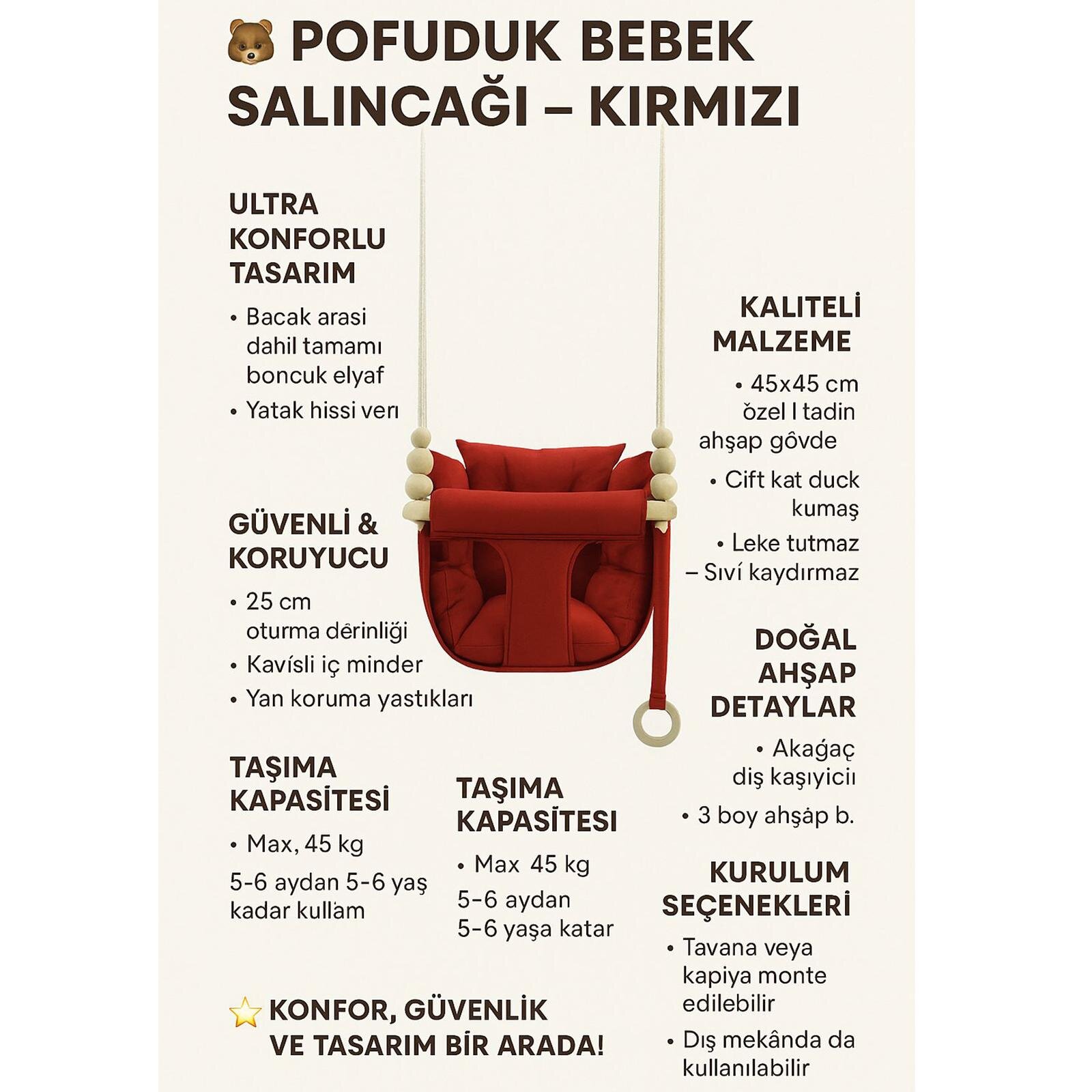 Kırmızı Pofuduk Minderli Ahşap Detaylı Bebek - Çocuk Salıncağı