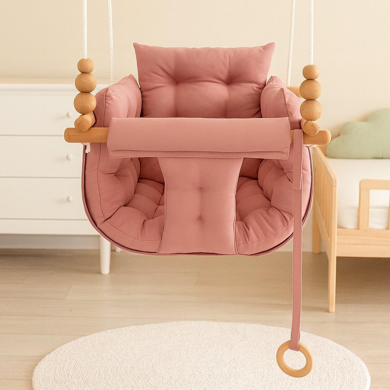 Şeker Pembe Pofuduk Minderli Ahşap Detaylı Bebek - Çocuk Salıncağı