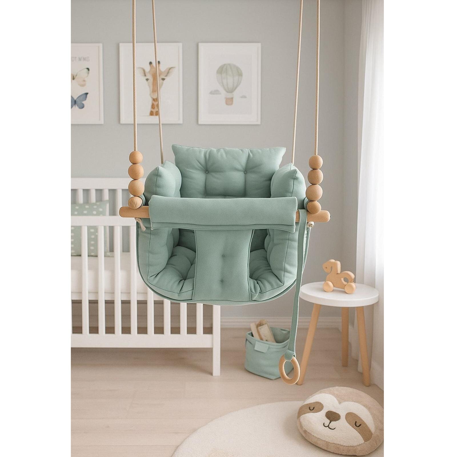 Mint Pofuduk Minderli Ahşap Detaylı Bebek - Çocuk Salıncağı