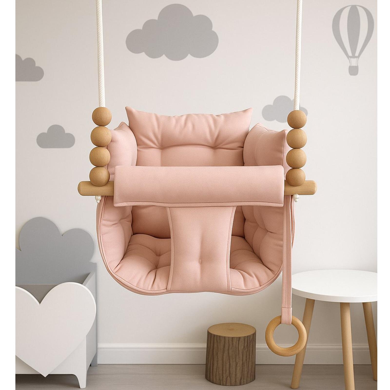 Pudra Pofuduk Minderli Ahşap Detaylı Bebek - Çocuk Salıncağı