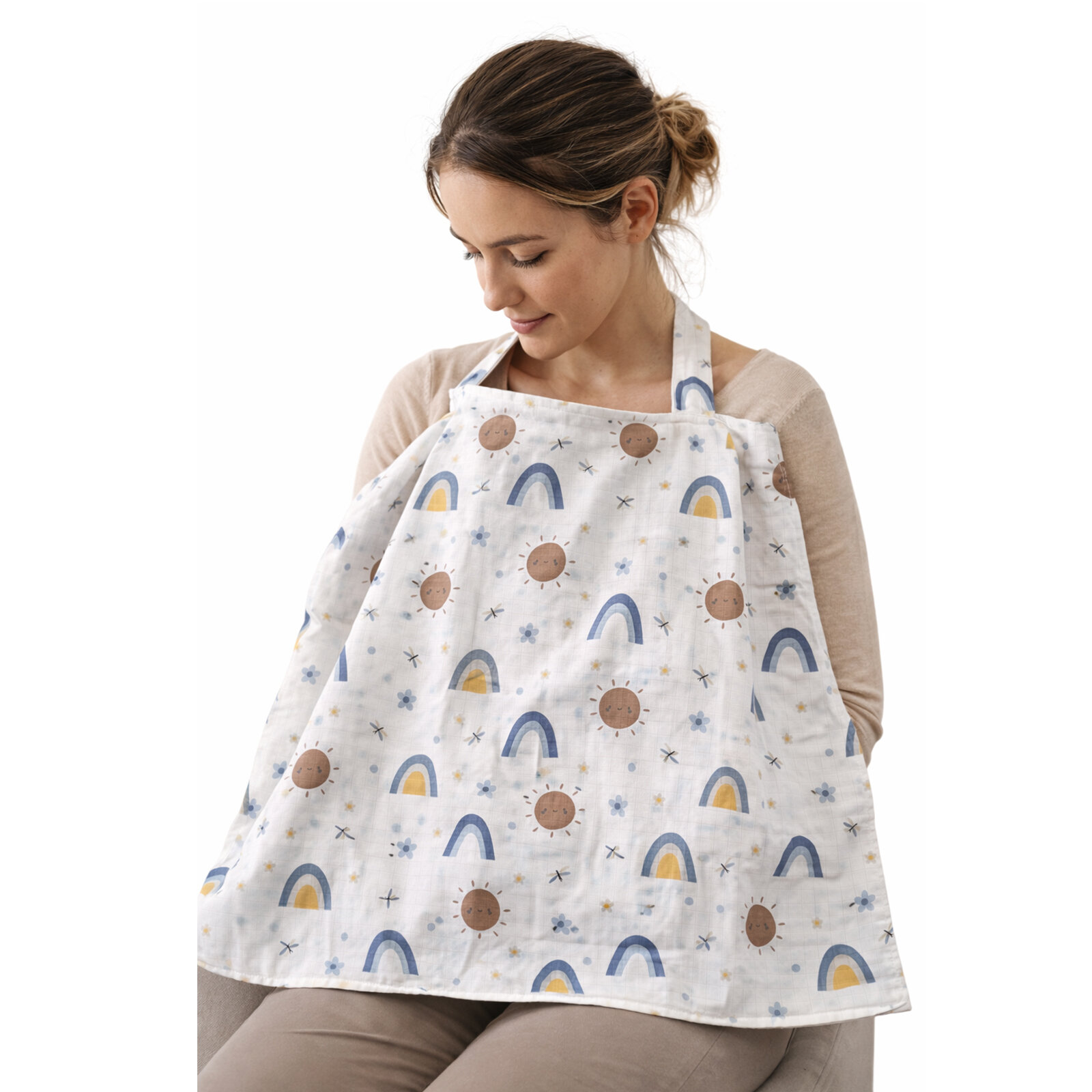 Gökkuşağı Desenli Müslin Emzirme Önlüğü – %100 Pamuk, Askılı Model Gökkuşağı Desenli Müslin Emzirme Önlüğü – %100 Pamuk, Askılı Model