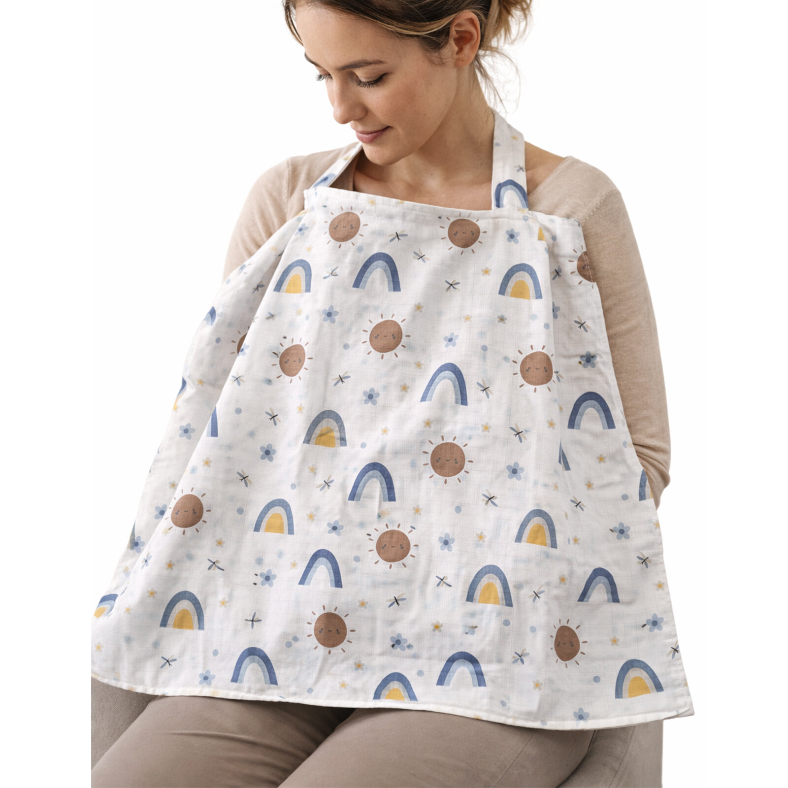 Gökkuşağı Desenli Müslin Emzirme Önlüğü – %100 Pamuk, Askılı Model Gökkuşağı Desenli Müslin Emzirme Önlüğü – %100 Pamuk, Askılı Model