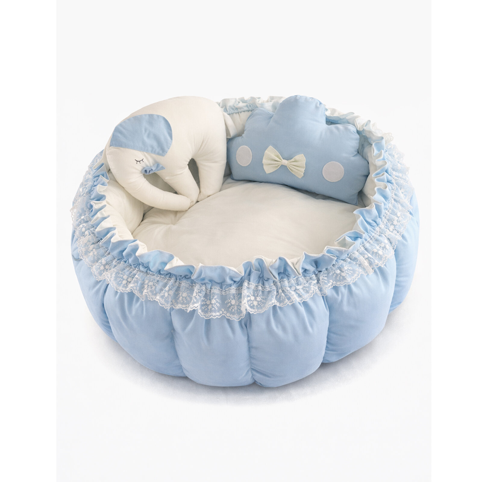 Mavi Beyaz Fil Detaylı Açılır Oyun Minderi & Bebek Yuvası (80–120 cm)