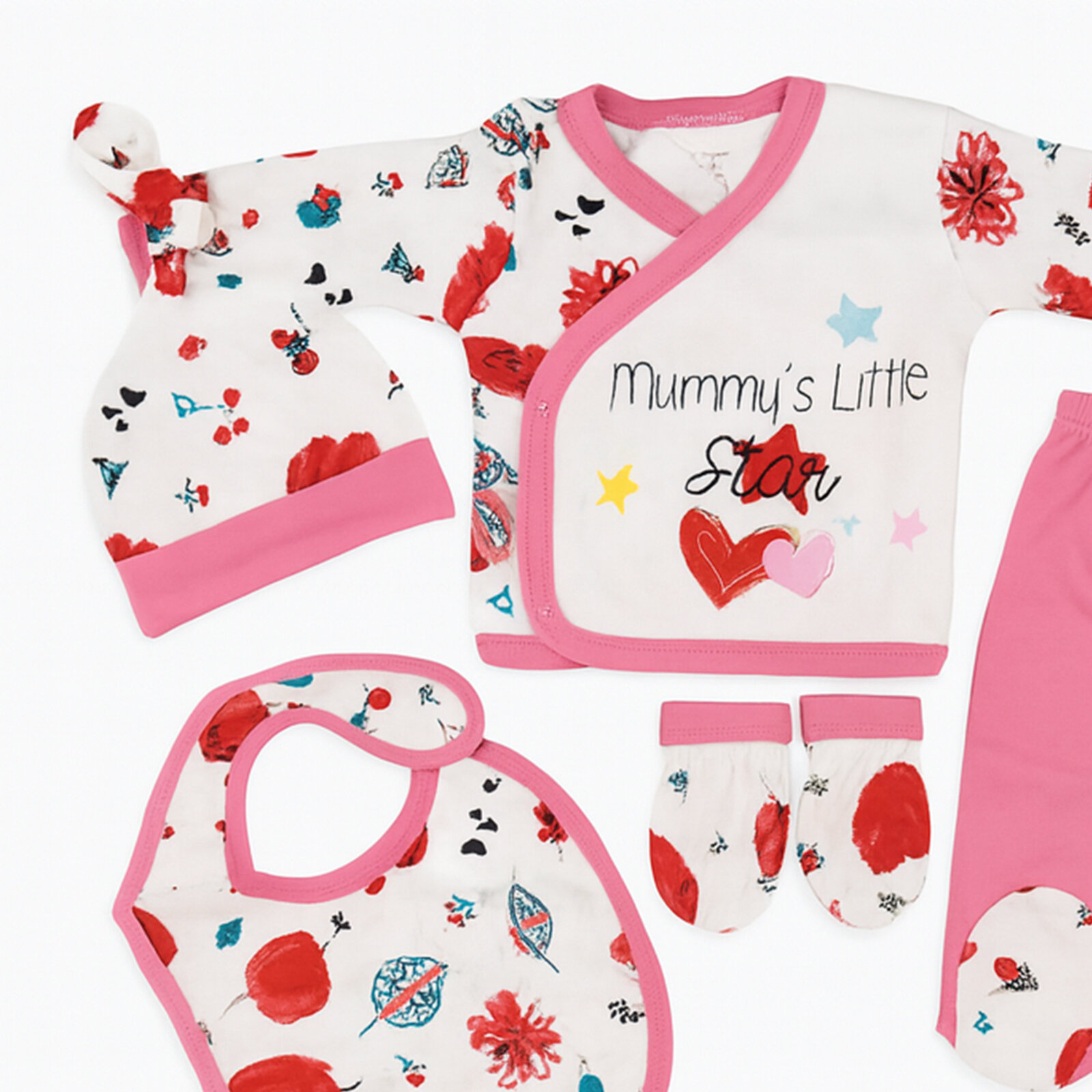 5’li Kız Bebek Hastane Çıkışı Seti – Mummy’s Little Star Desenli (%100 Pamuk)