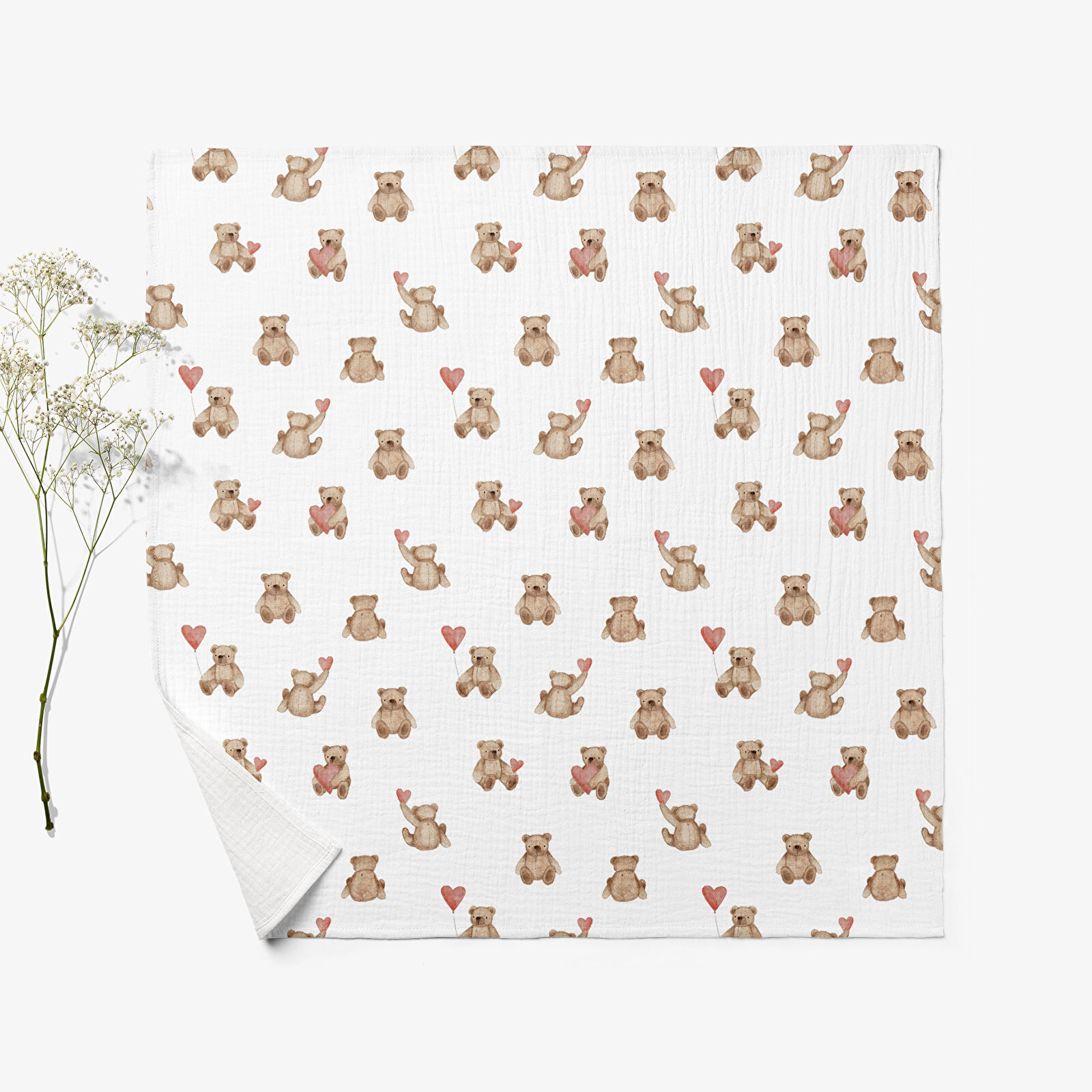 4 Katlı Müslin Örtü - Kalpli Ayıcık Desenli Bebek Müslin Battaniyesi - 100x110 Cm 4 Katlı Müslin Örtü - Kalpli Ayıcık Desenli Bebek Müslin Battaniyesi - 100x110 Cm