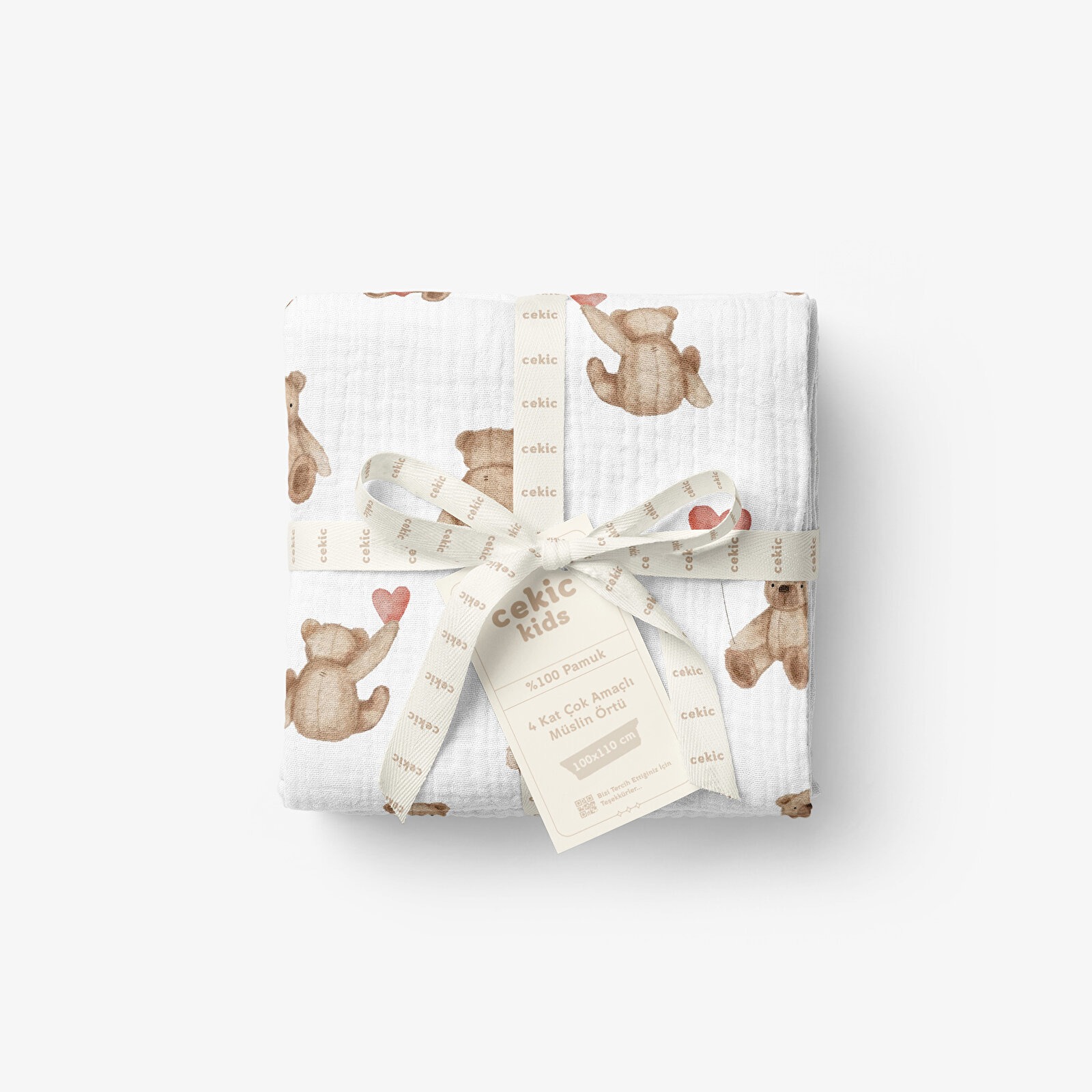 4 Katlı Müslin Örtü - Kalpli Ayıcık Desenli Bebek Müslin Battaniyesi - 100x110 Cm 4 Katlı Müslin Örtü - Kalpli Ayıcık Desenli Bebek Müslin Battaniyesi - 100x110 Cm