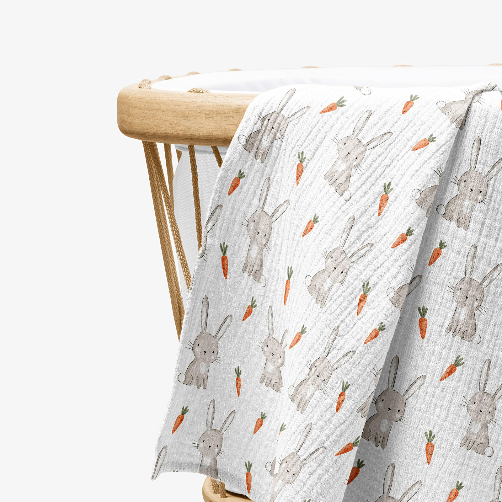 4 Katlı Müslin Örtü - Tavşan ve Havuç Desenli Bebek Müslin Battaniyesi - 100x110 Cm