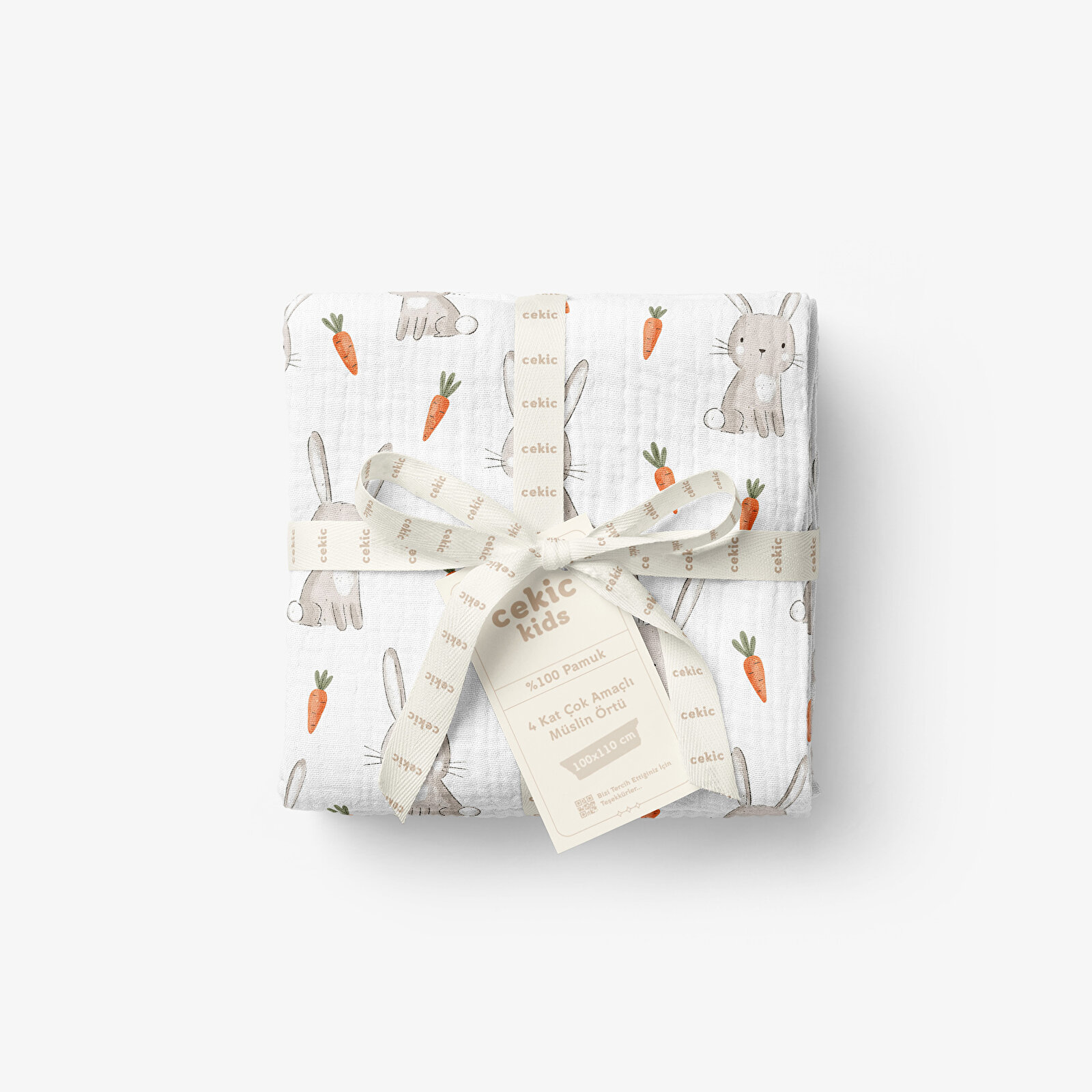 4 Katlı Müslin Örtü - Tavşan ve Havuç Desenli Bebek Müslin Battaniyesi - 100x110 Cm