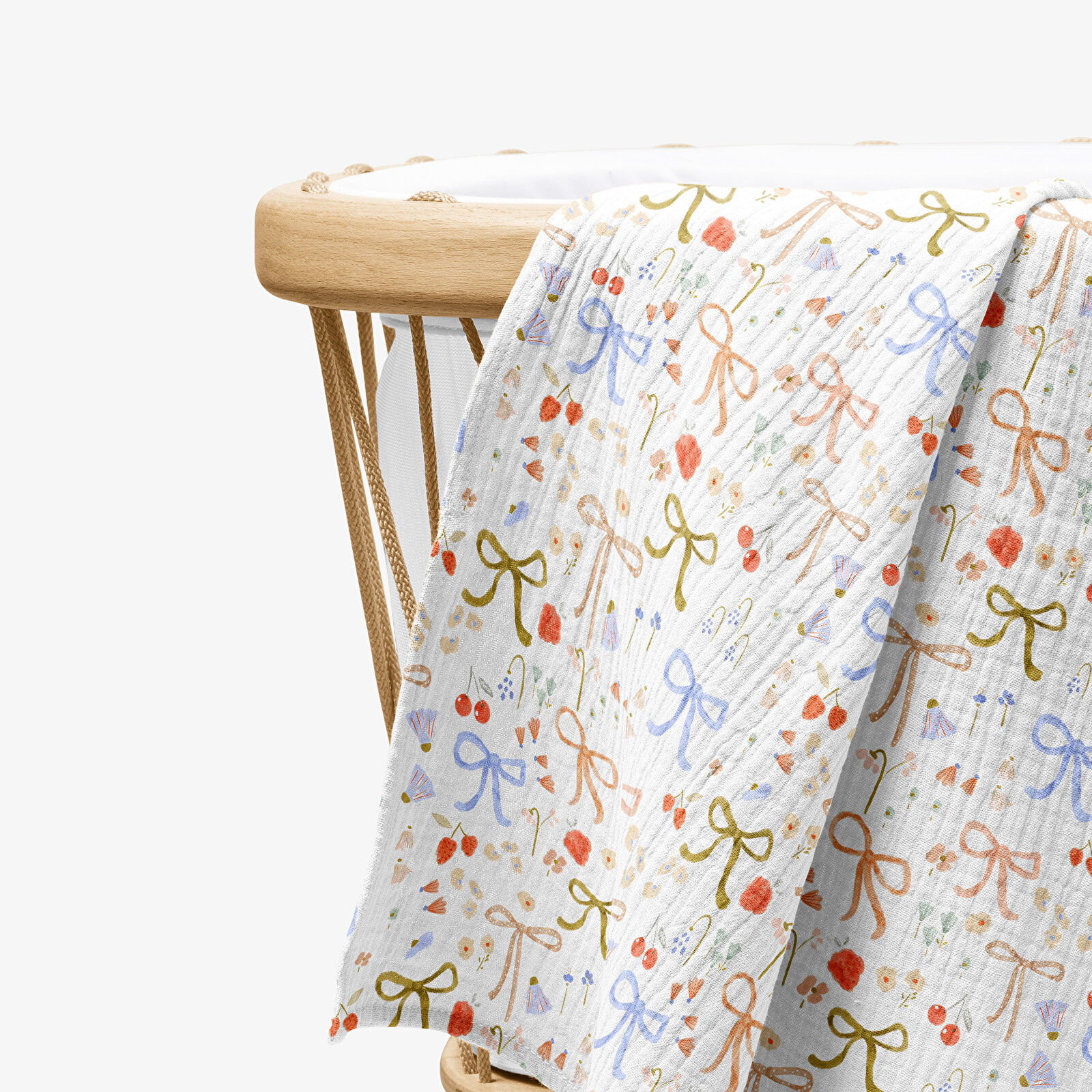 4 Katlı Müslin Örtü - Fiyonk Desenli Bebek Müslin Battaniyesi - 100x110 Cm