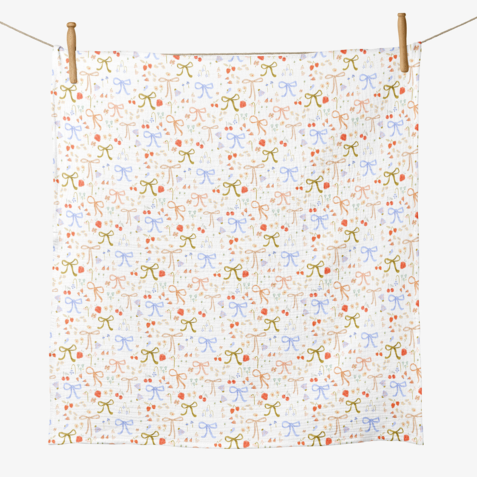 4 Katlı Müslin Örtü - Fiyonk Desenli Bebek Müslin Battaniyesi - 100x110 Cm