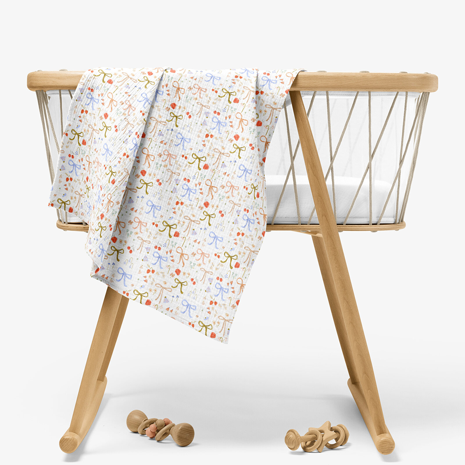 4 Katlı Müslin Örtü - Fiyonk Desenli Bebek Müslin Battaniyesi - 100x110 Cm