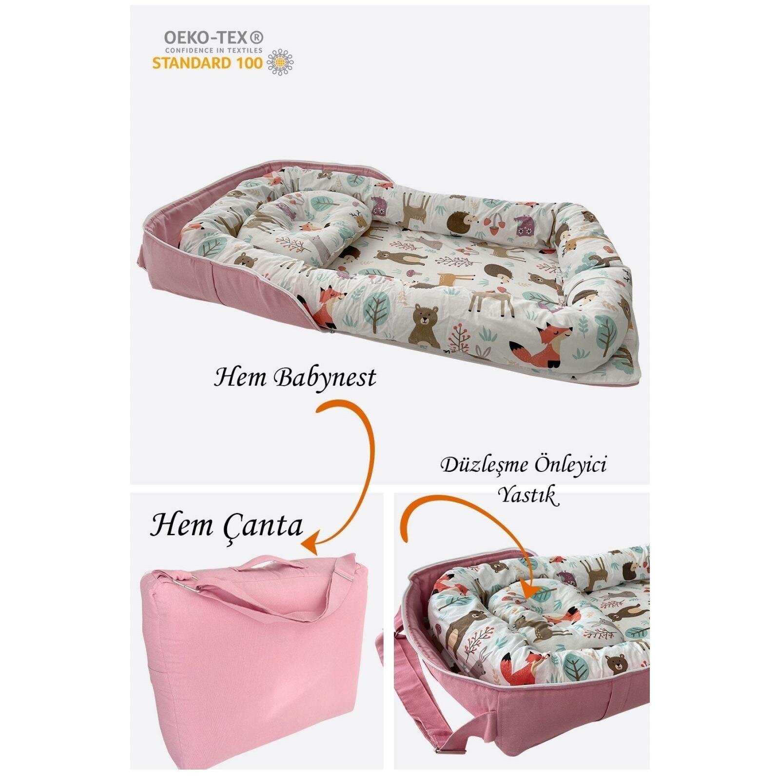 Pembe Orman Çantalı Babynest Taşınabilir -  Konforlu ve Güvenli Bebek Yatağı 