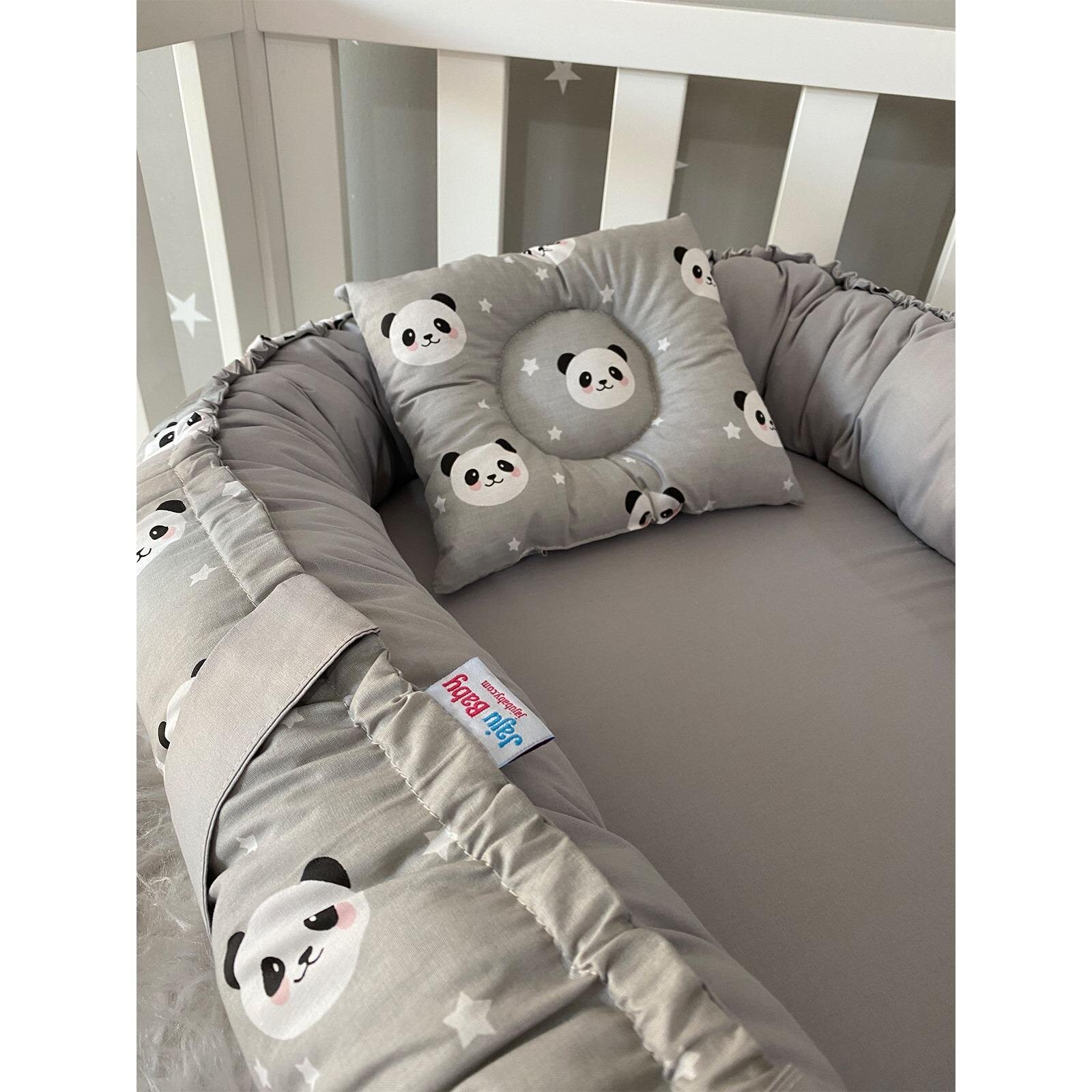 Babynest Lüks Tasarım Ortopedik Anne Yanı Bebek Yatağı Gri Panda