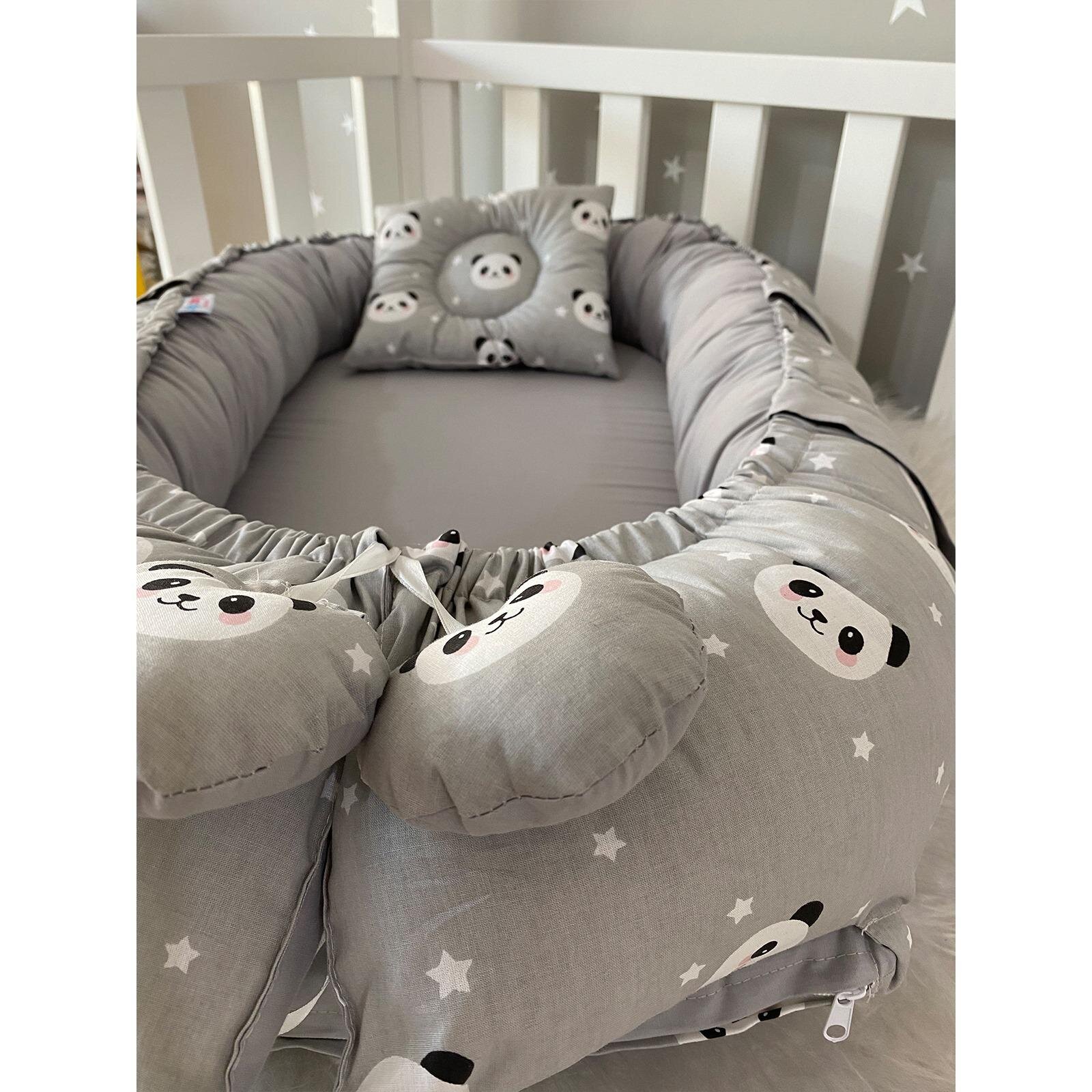 Babynest Lüks Tasarım Ortopedik Anne Yanı Bebek Yatağı Gri Panda