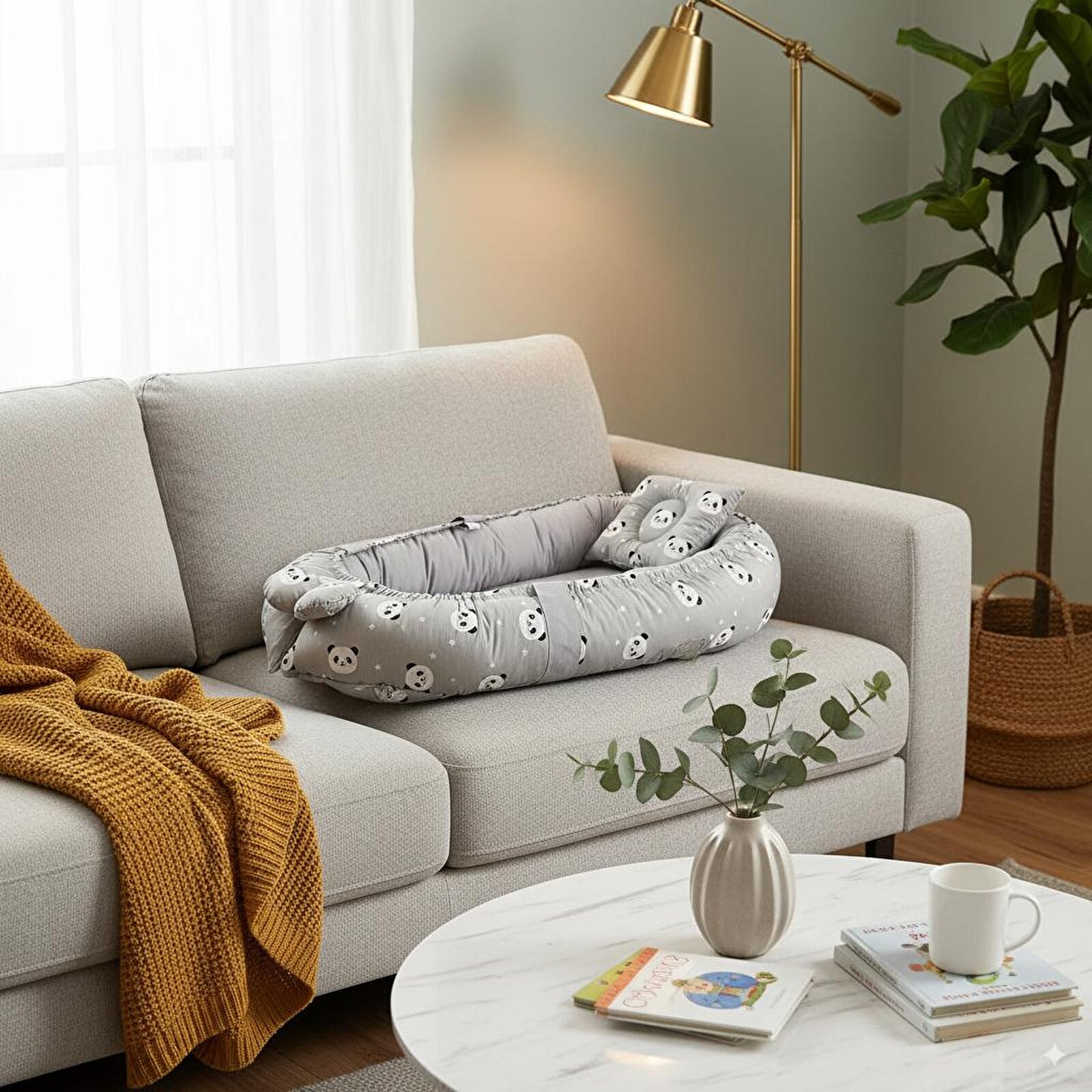 Babynest Lüks Tasarım Ortopedik Anne Yanı Bebek Yatağı Gri Panda